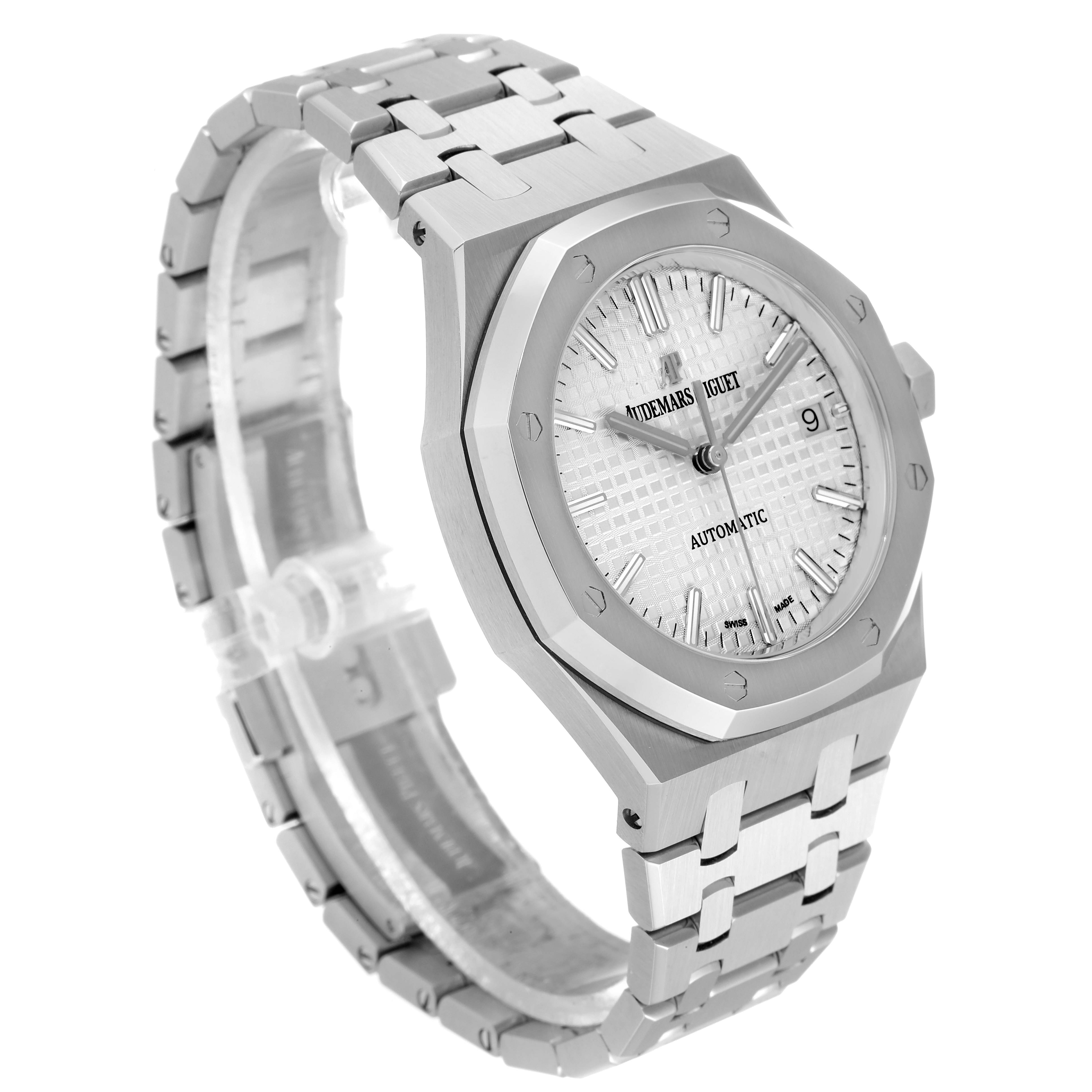 The image shows a side-angle view of an Audemars Piguet Royal Oak 15450ST.OO.1256ST.01 Men's Stainless Steel Silver Dial 15450ST.OO.1256ST.01 Men's Stainless Steel Silver Dial watch, highlighting the dial, bezel, crown, and bracelet.