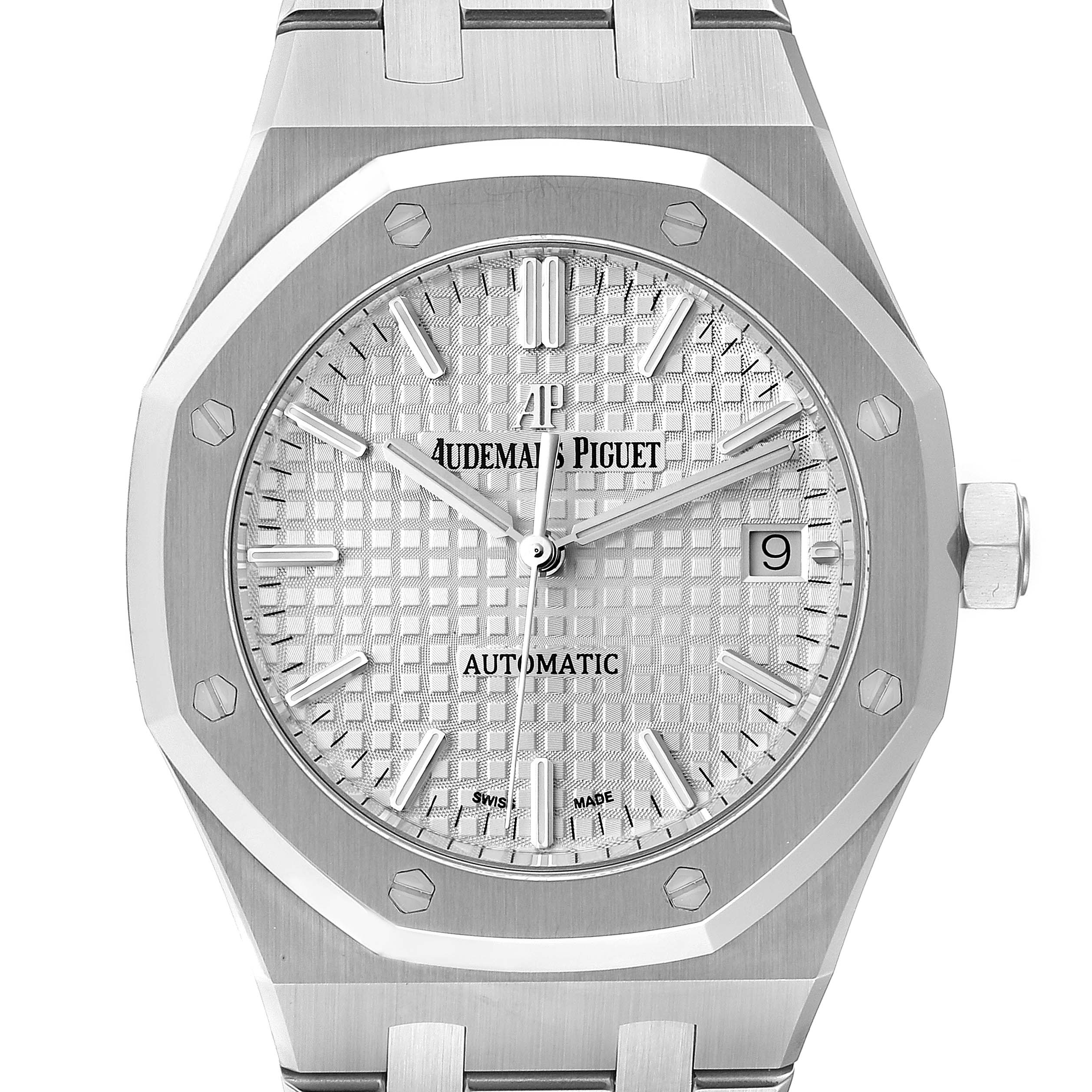 The image displays a frontal view of an Audemars Piguet Royal Oak 15450ST.OO.1256ST.01 Men's Stainless Steel Silver Dial 15450ST.OO.1256ST.01 Men's Stainless Steel Silver Dial watch, showcasing the dial, bezel, crown, and top part of the bracelet.