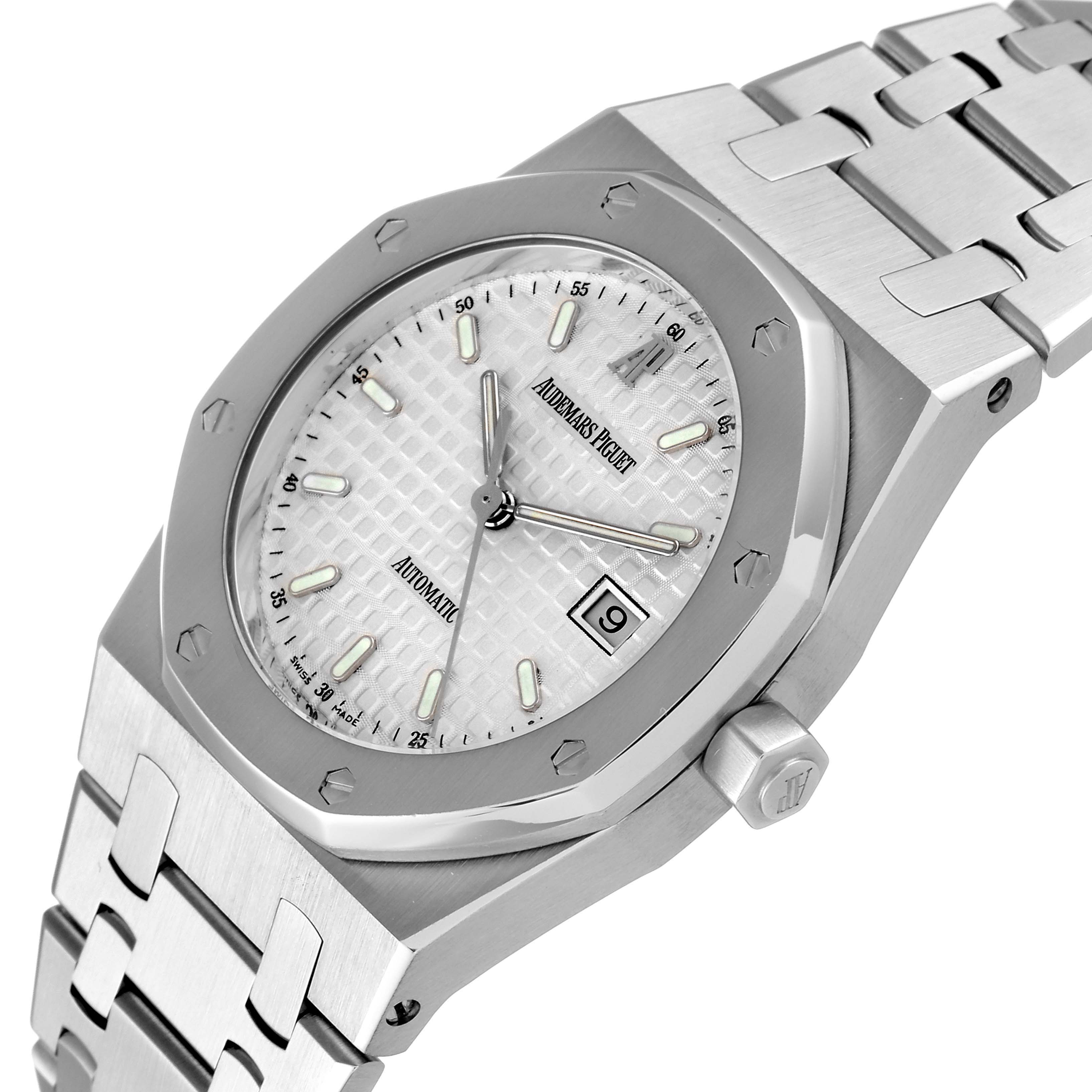 This image shows an angled view of an Audemars Piguet Royal Oak 15000ST Men's Stainless Steel Silver Dial 15000ST Men's Stainless Steel Silver Dial watch, displaying its face, bracelet, and clasp.