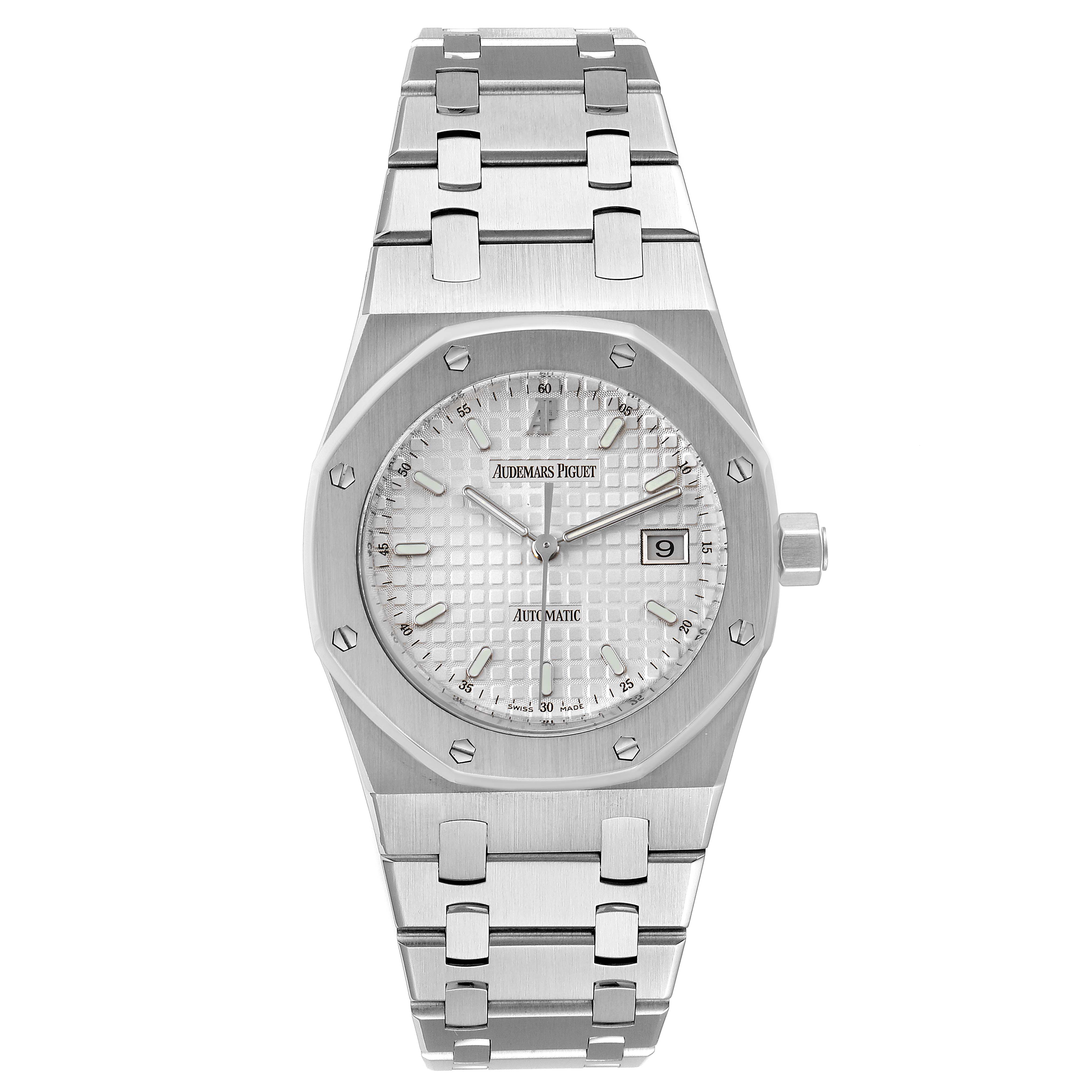 The image shows a front view of the Audemars Piguet Royal Oak 15000ST Men's Stainless Steel Silver Dial 15000ST Men's Stainless Steel Silver Dial watch, highlighting its dial, bezel, and bracelet.