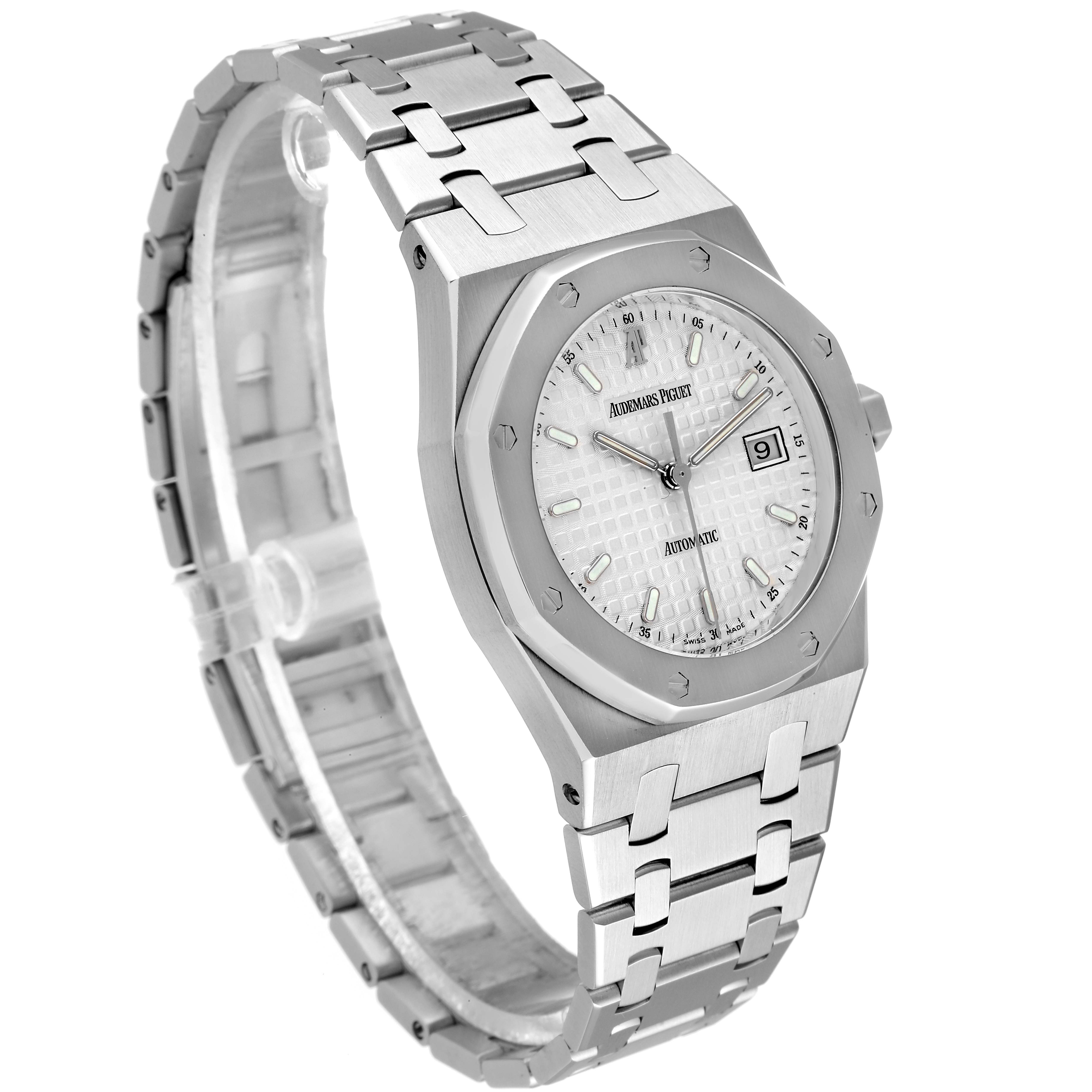 The image shows a side and front angle of the Audemars Piguet Royal Oak 15000ST Men's Stainless Steel Silver Dial 15000ST Men's Stainless Steel Silver Dial watch, displaying its face, bezel, and bracelet.