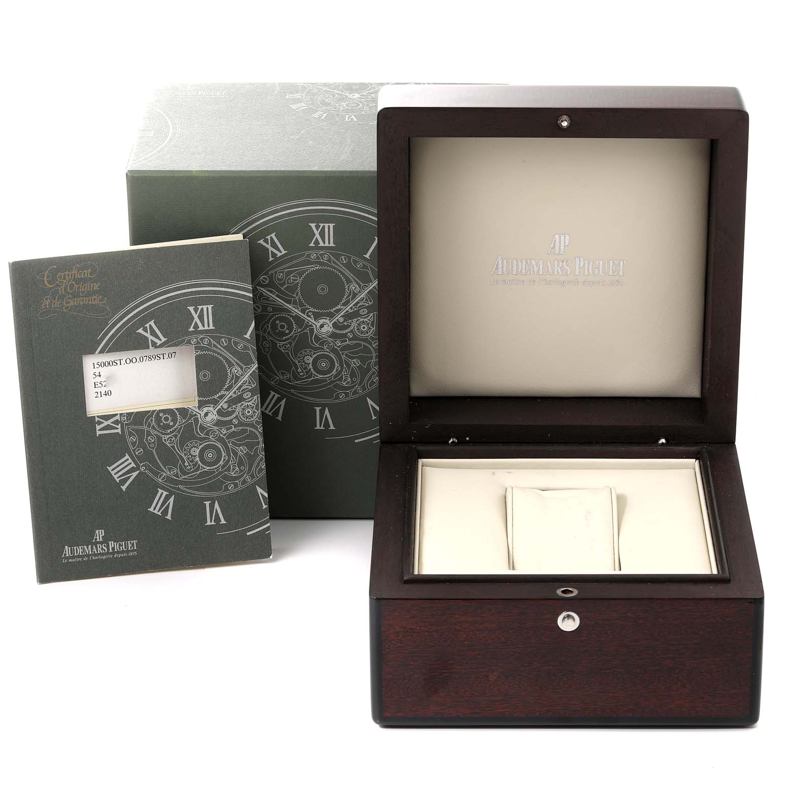 The image shows a box, manual, and packaging for the Audemars Piguet Royal Oak 15000ST Men's Stainless Steel Silver Dial 15000ST Men's Stainless Steel Silver Dial model, viewed from the front and top angles.