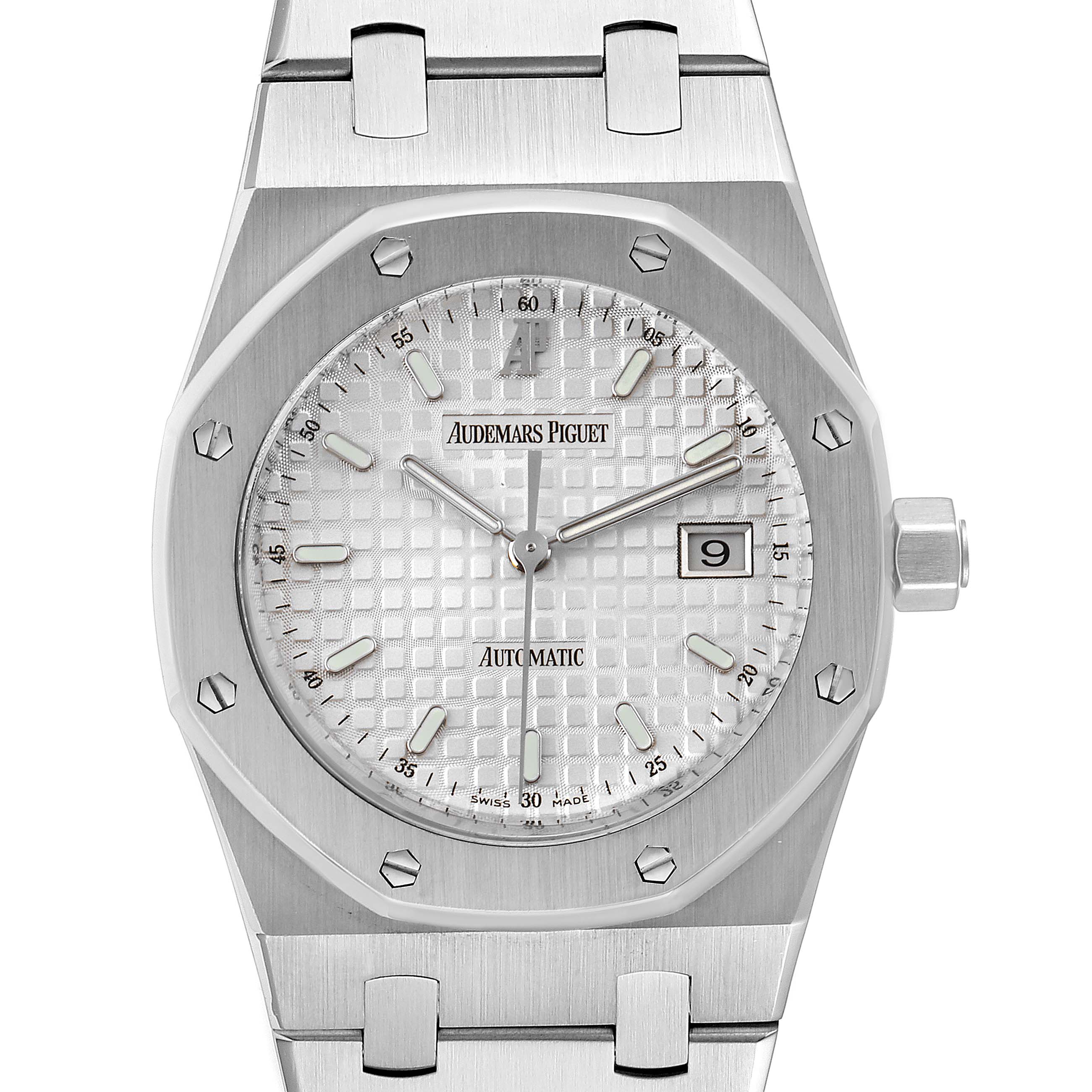 This is a frontal view of the Audemars Piguet Royal Oak 15000ST Men's Stainless Steel Silver Dial 15000ST Men's Stainless Steel Silver Dial watch showing the dial, bezel, crown, and part of the bracelet.