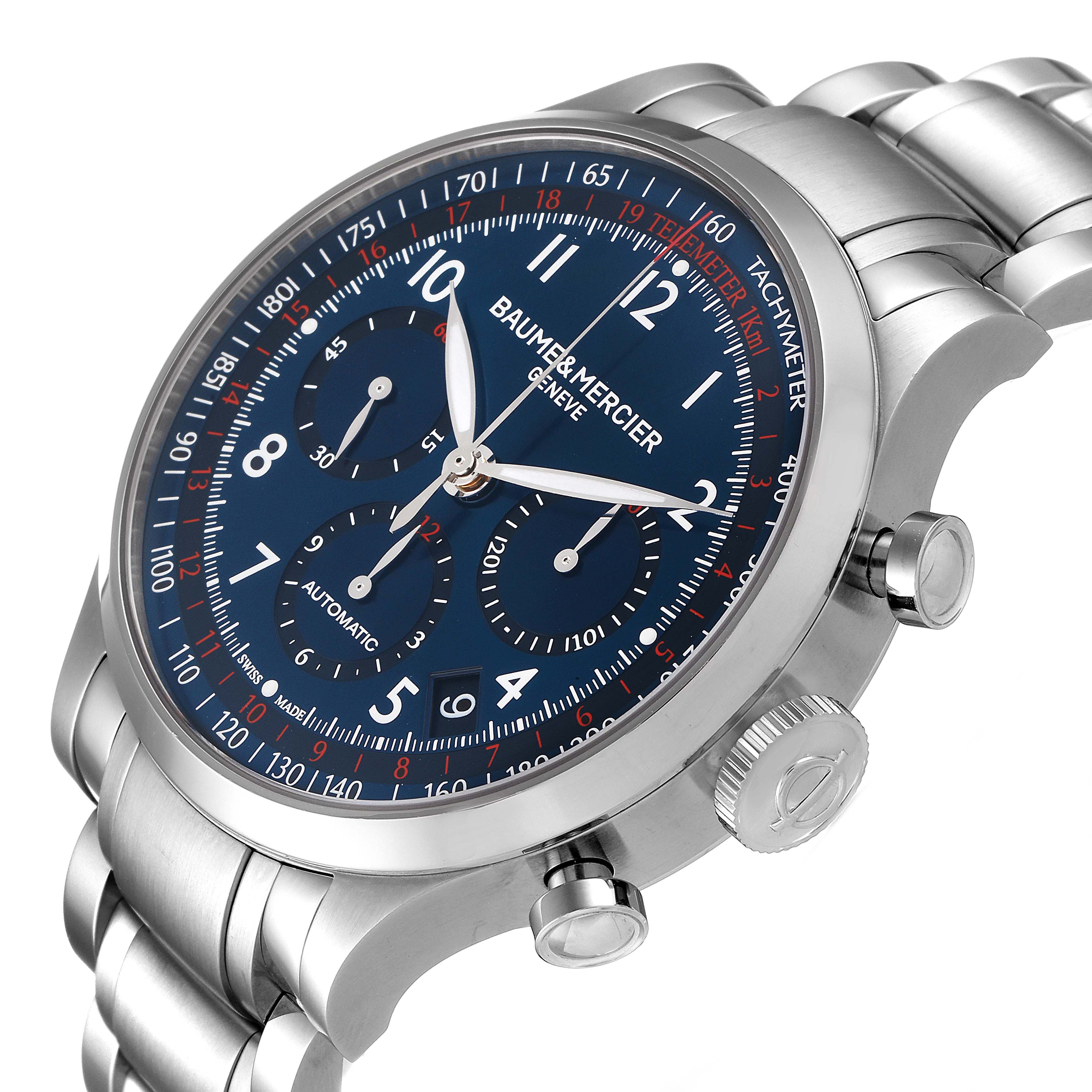 The image shows a Baume & Mercier Capeland 10066 Men's Stainless Steel Blue Dial 10066 Men's Stainless Steel Blue Dial watch at an angle highlighting the face, chronographs, bracelet, and side buttons.
