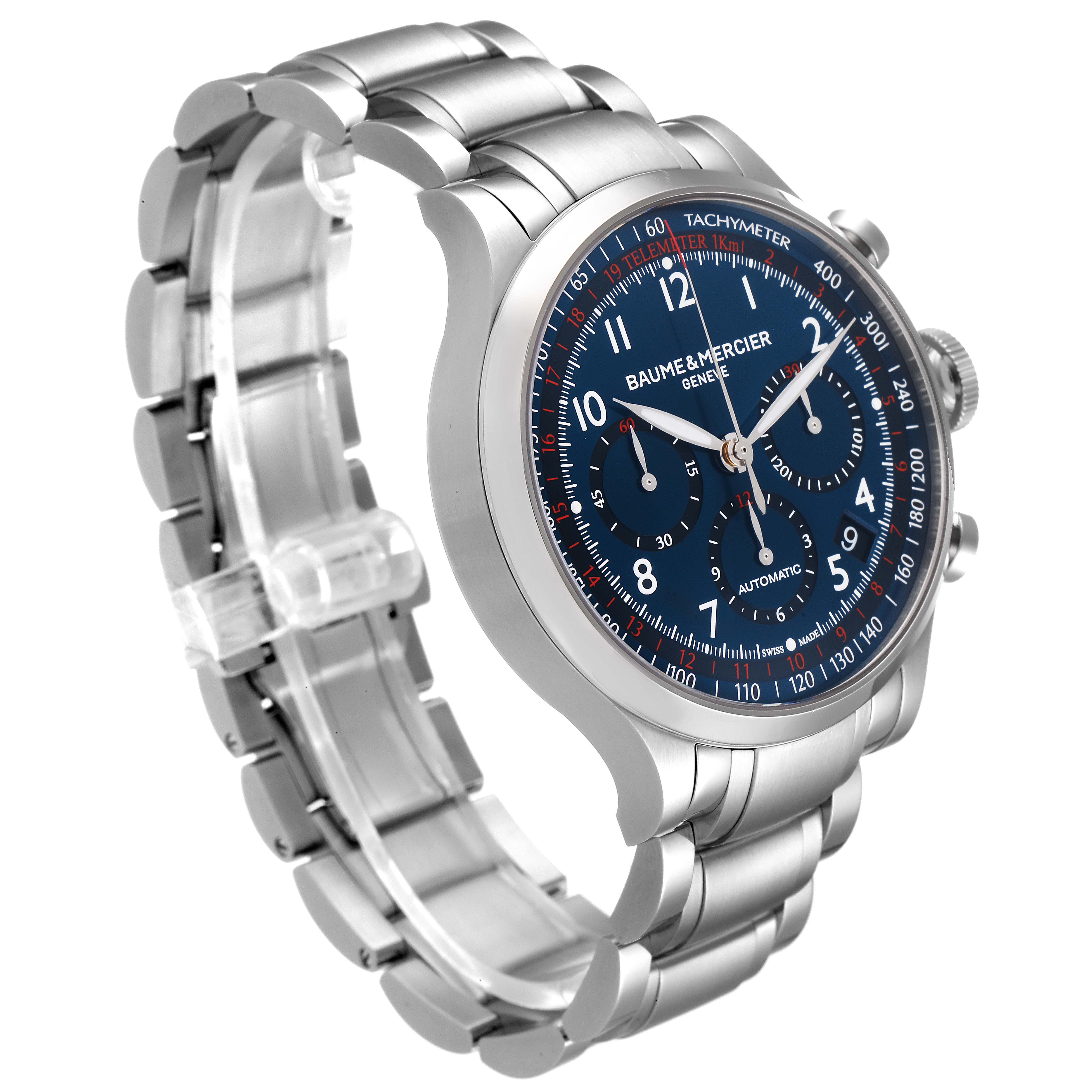 The Baume & Mercier Capeland 10066 Men's Stainless Steel Blue Dial 10066 Men's Stainless Steel Blue Dial watch is shown at a three-quarter angle, highlighting its metal bracelet, blue dial, and chronograph features.
