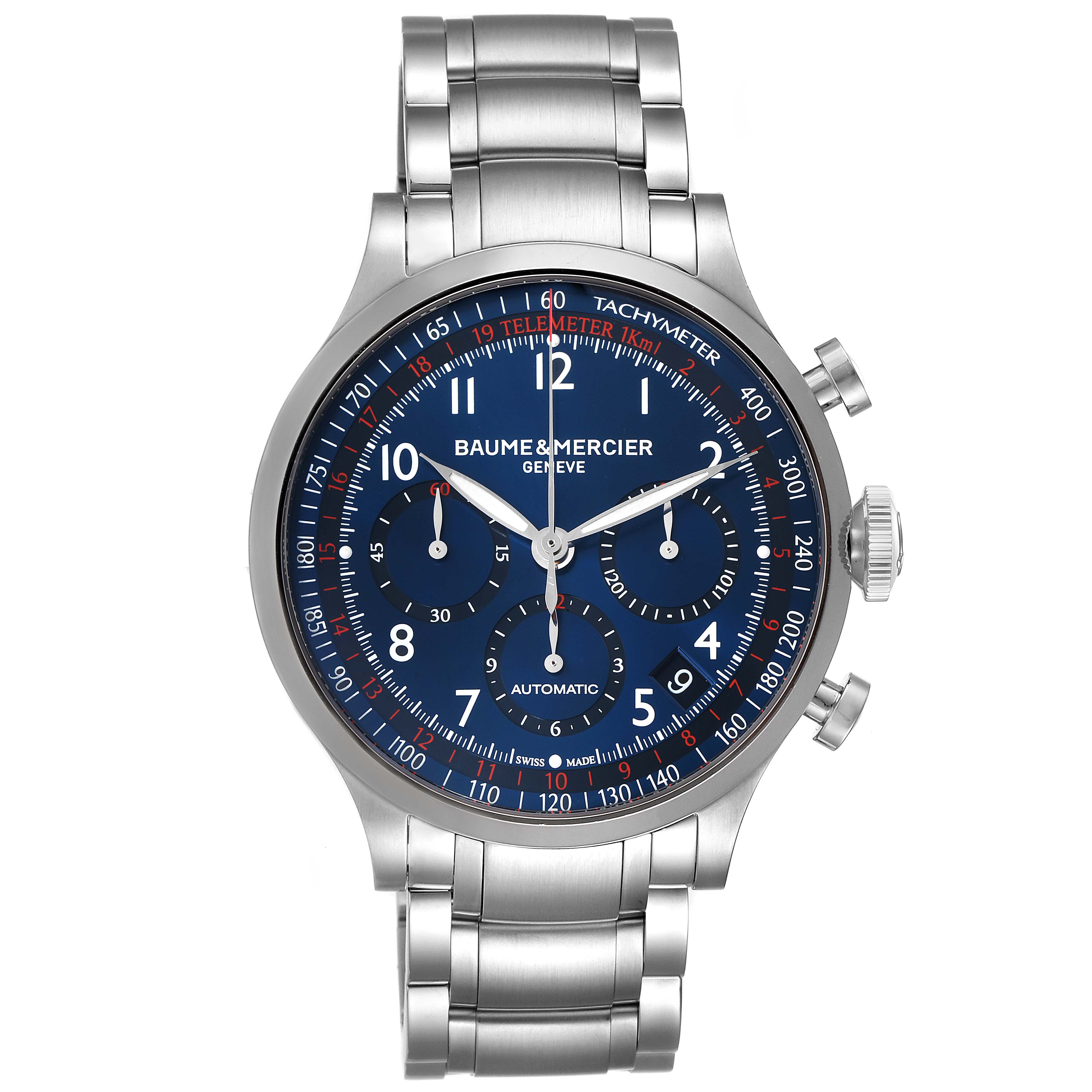 The image shows a frontal view of a Baume & Mercier Capeland 10066 Men's Stainless Steel Blue Dial 10066 Men's Stainless Steel Blue Dial model watch, featuring a blue dial and silver metal bracelet.