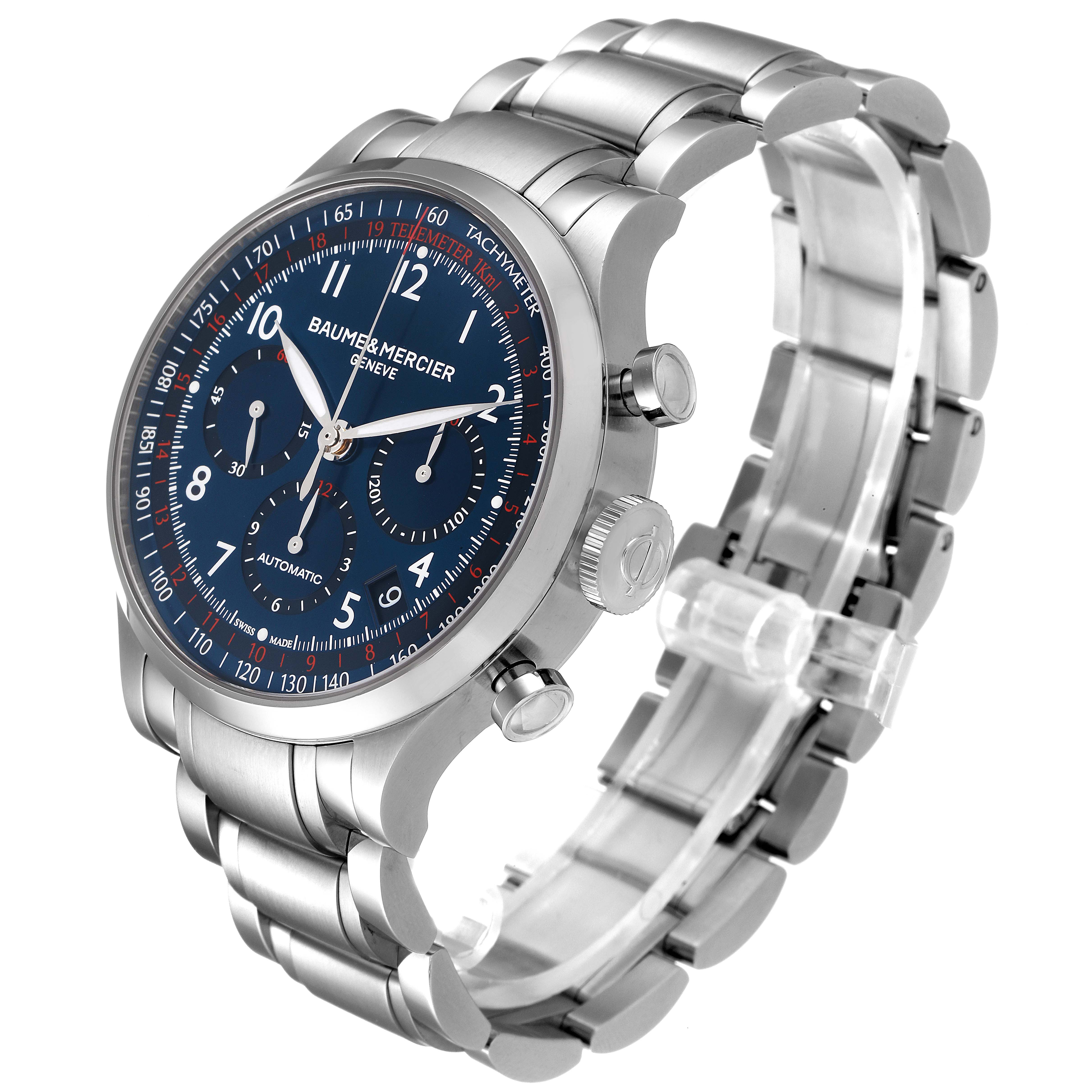 The Baume & Mercier Capeland 10066 Men's Stainless Steel Blue Dial 10066 Men's Stainless Steel Blue Dial watch is shown at an angle highlighting the face, crown, pushers, and stainless steel bracelet.