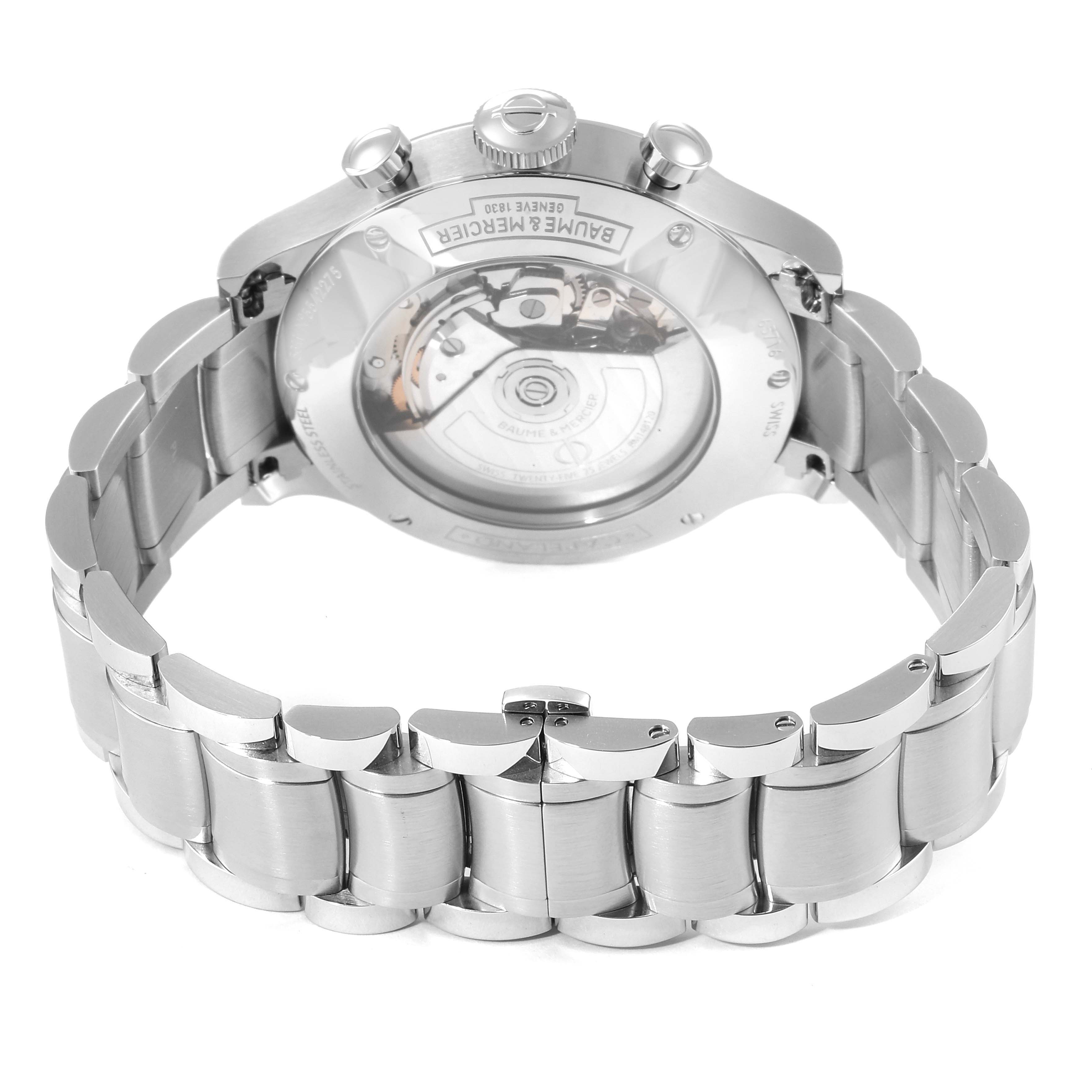 The image shows the back view of the Baume & Mercier Capeland 10066 Men's Stainless Steel Blue Dial 10066 Men's Stainless Steel Blue Dial watch, highlighting its stainless steel bracelet and movement.