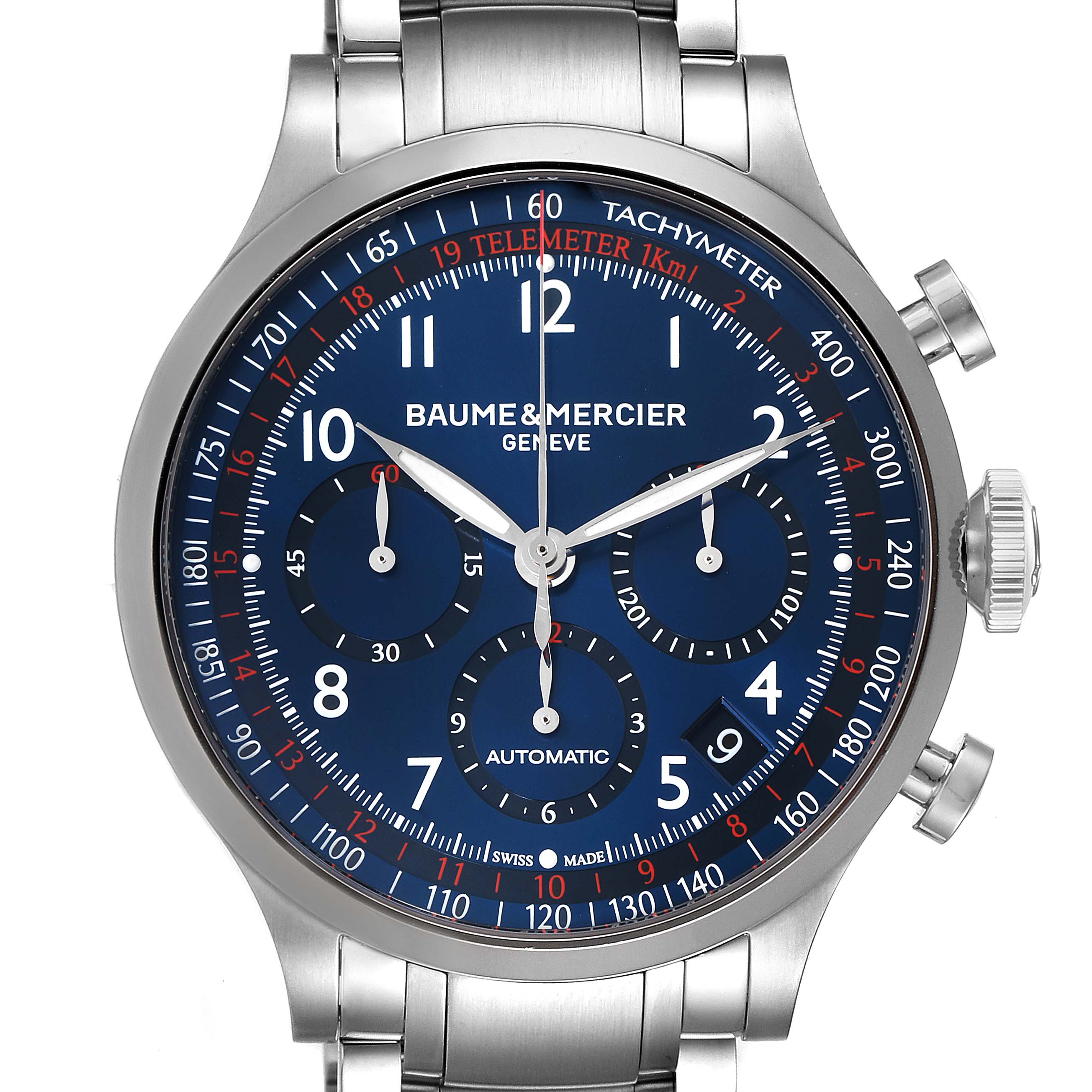 The image shows a front view of a Baume & Mercier Capeland 10066 Men's Stainless Steel Blue Dial 10066 Men's Stainless Steel Blue Dial watch with its dial, subdials, and stainless steel bracelet.