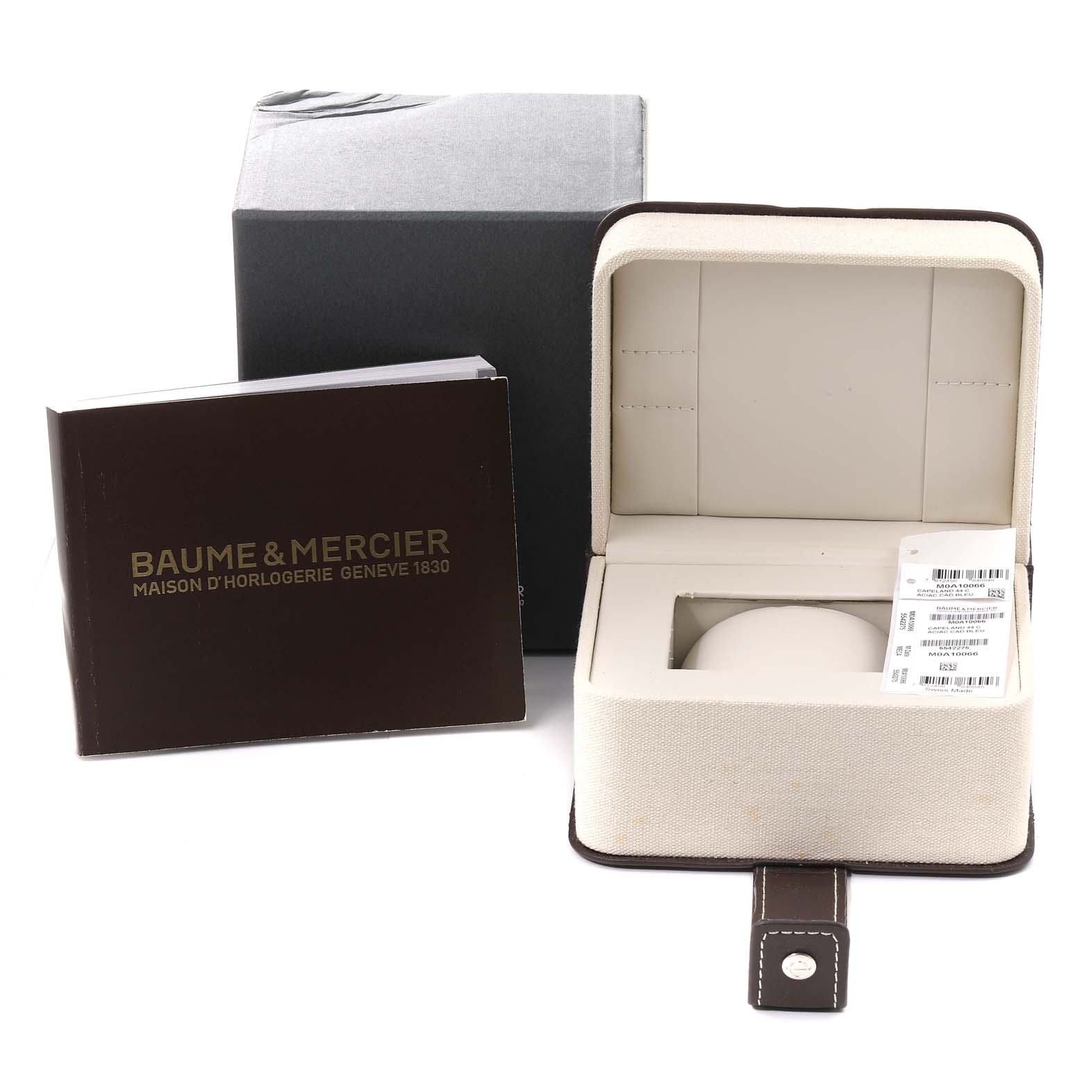 The image shows the Baume & Mercier Capeland 10066 Men's Stainless Steel Blue Dial 10066 Men's Stainless Steel Blue Dial watch's packaging, including the box, case, and instruction manual.