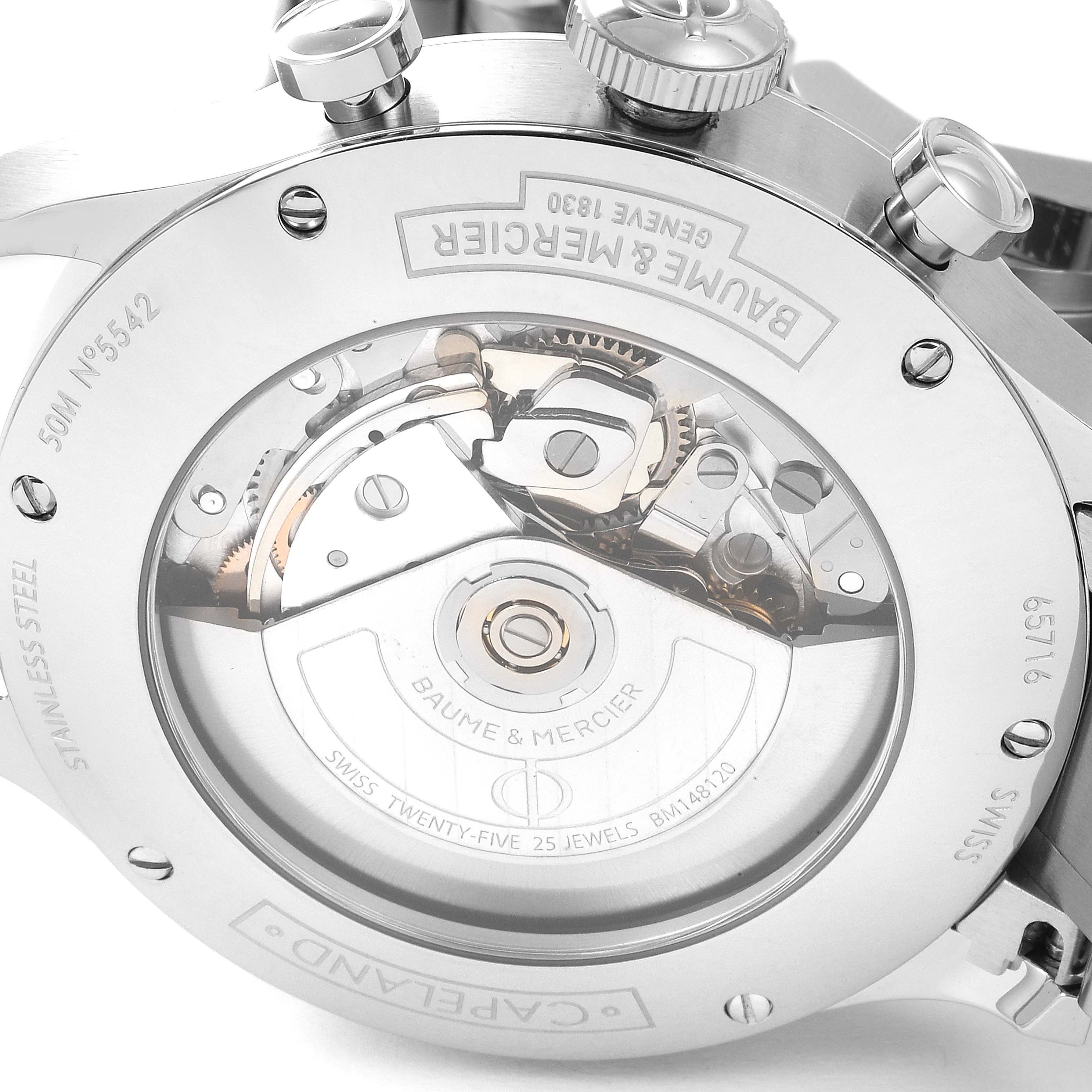 This image shows the back view of the Capeland model by Baume & Mercier, highlighting its internal mechanics and brand engravings.