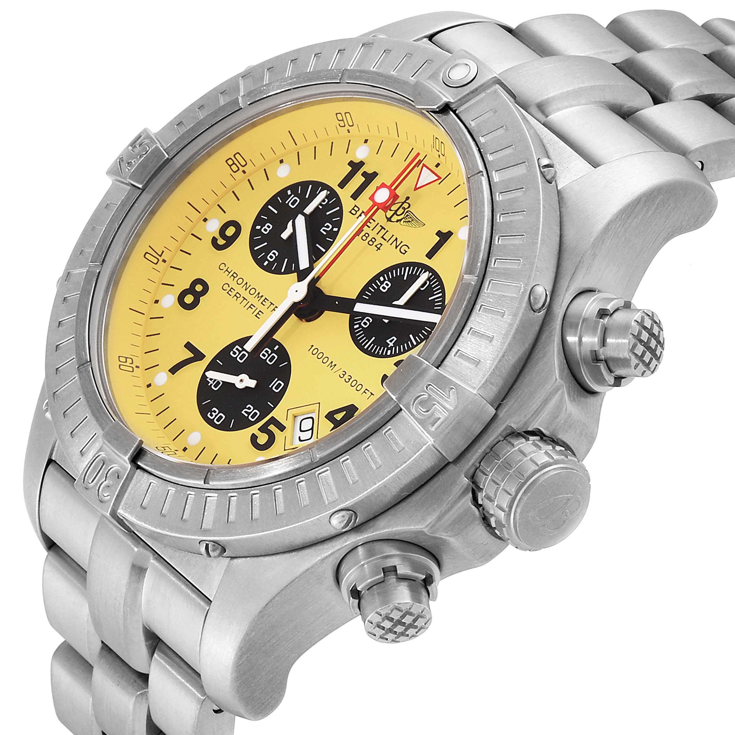 The image shows a close-up, front-side angle of the Breitling Avenger E73360 Men's Titanium Yellow Dial E73360 Men's Titanium Yellow Dial watch, highlighting its yellow dial, metal bezel, and crown.
