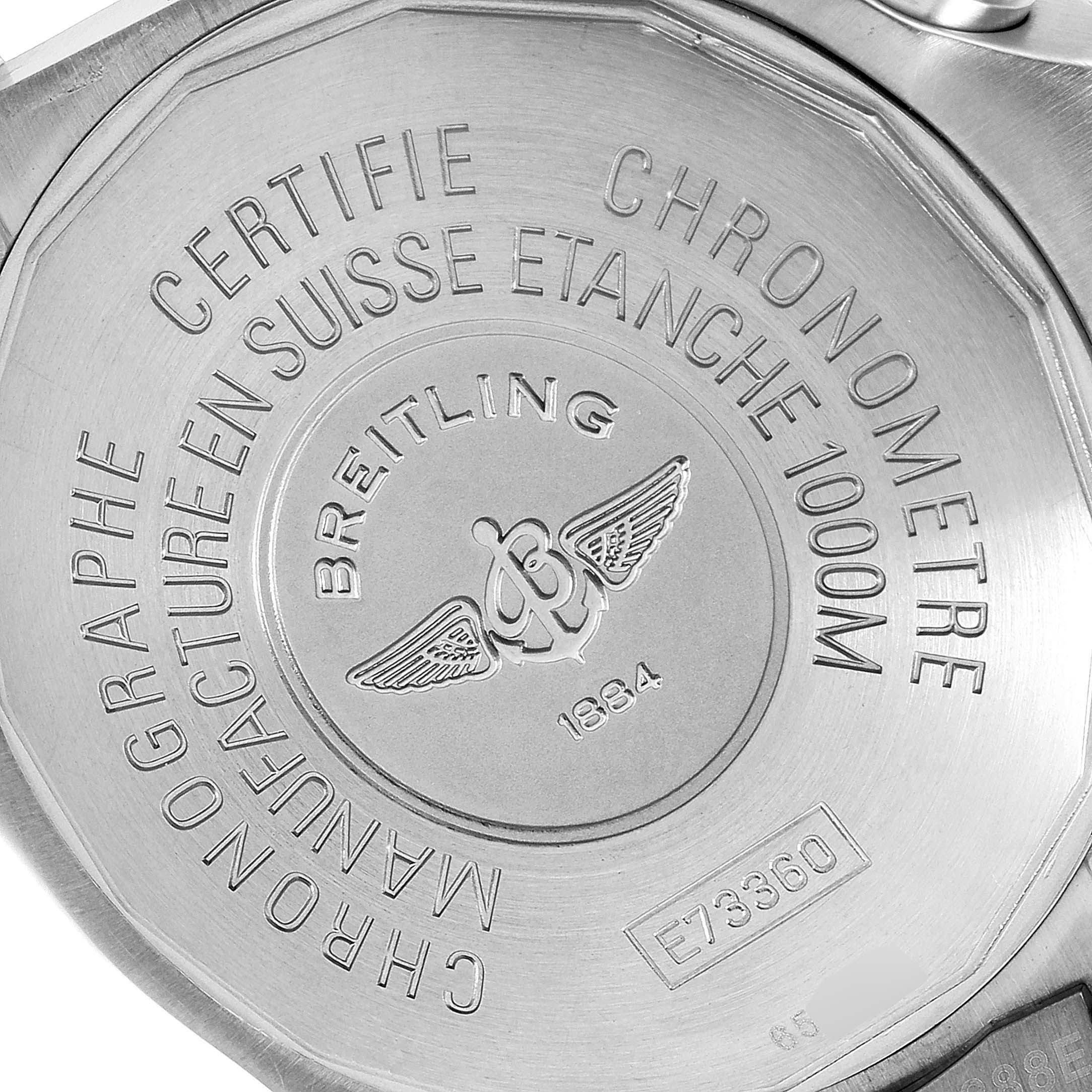 This image displays the back case of a Breitling Avenger E73360 Men's Titanium Yellow Dial E73360 Men's Titanium Yellow Dial watch, showcasing engravings and manufacturer details.