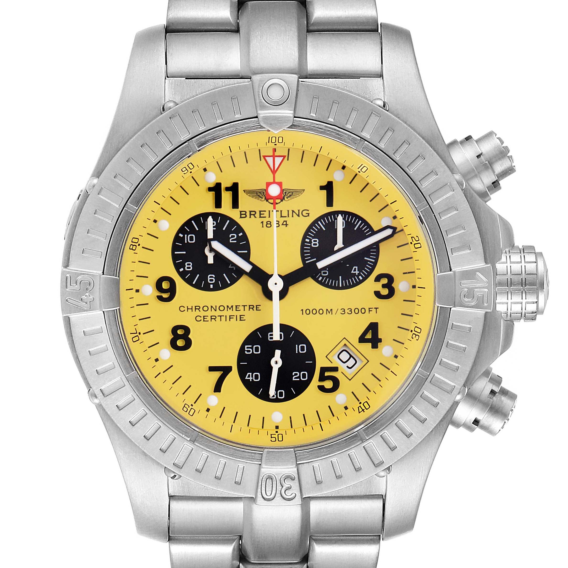 The Breitling Avenger E73360 Men's Titanium Yellow Dial E73360 Men's Titanium Yellow Dial watch is shown from the front, featuring a yellow dial, three subdials, and a metal bracelet.