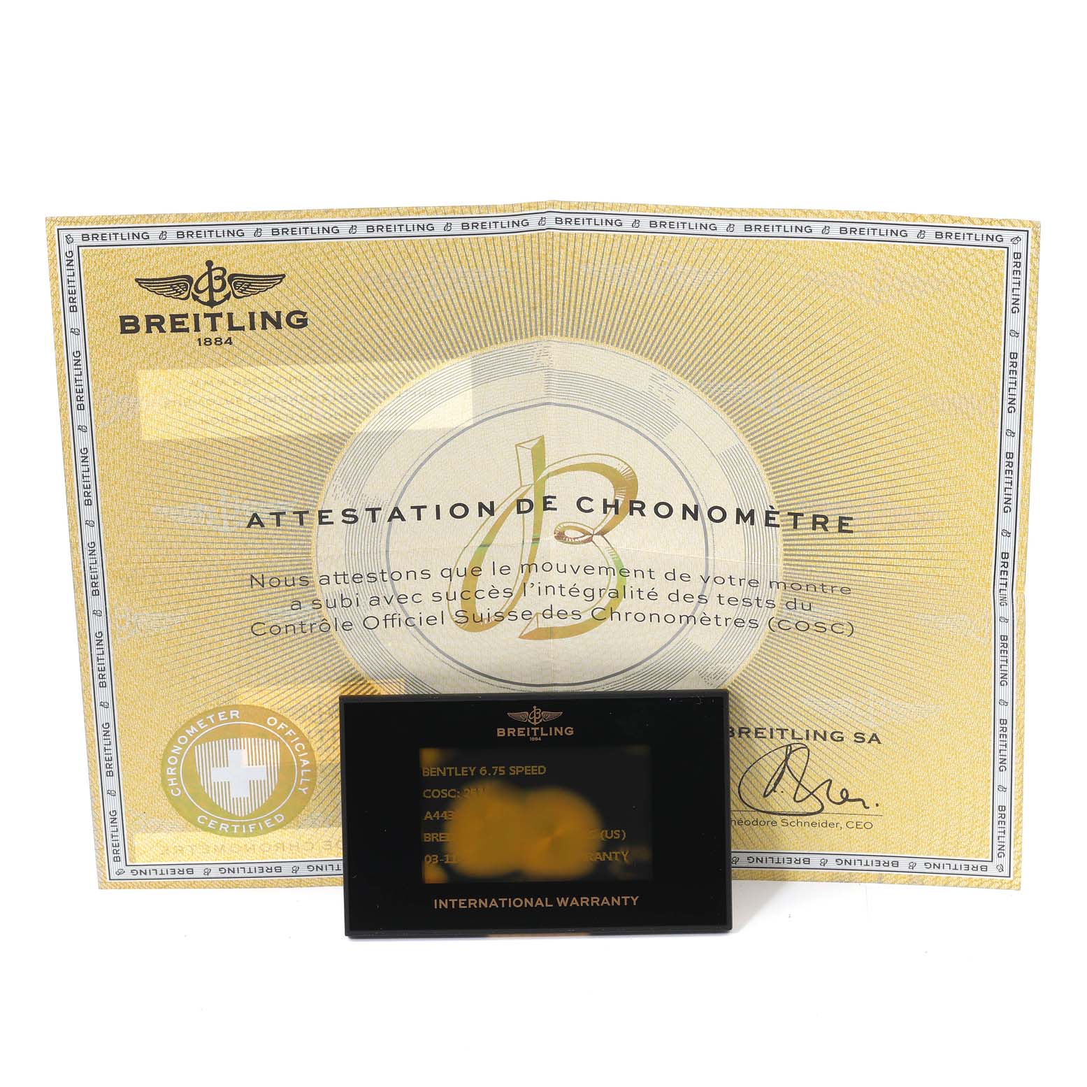 The image shows the certificate and international warranty card for a Breitling Bentley A44364 Men's Stainless Steel Black Dial A44364 Men's Stainless Steel Black Dial model watch.