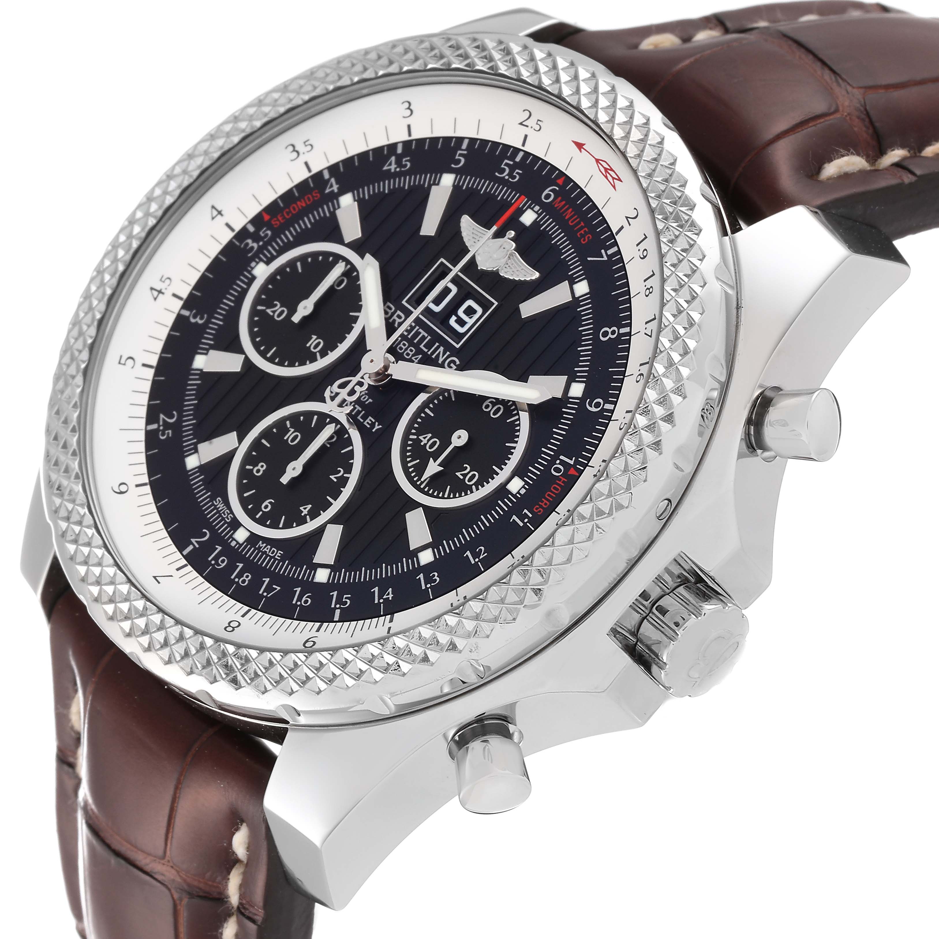 The image shows a close-up angle of the Breitling Bentley A44364 Men's Stainless Steel Black Dial A44364 Men's Stainless Steel Black Dial watch, displaying the dial, crown, and part of the leather strap.