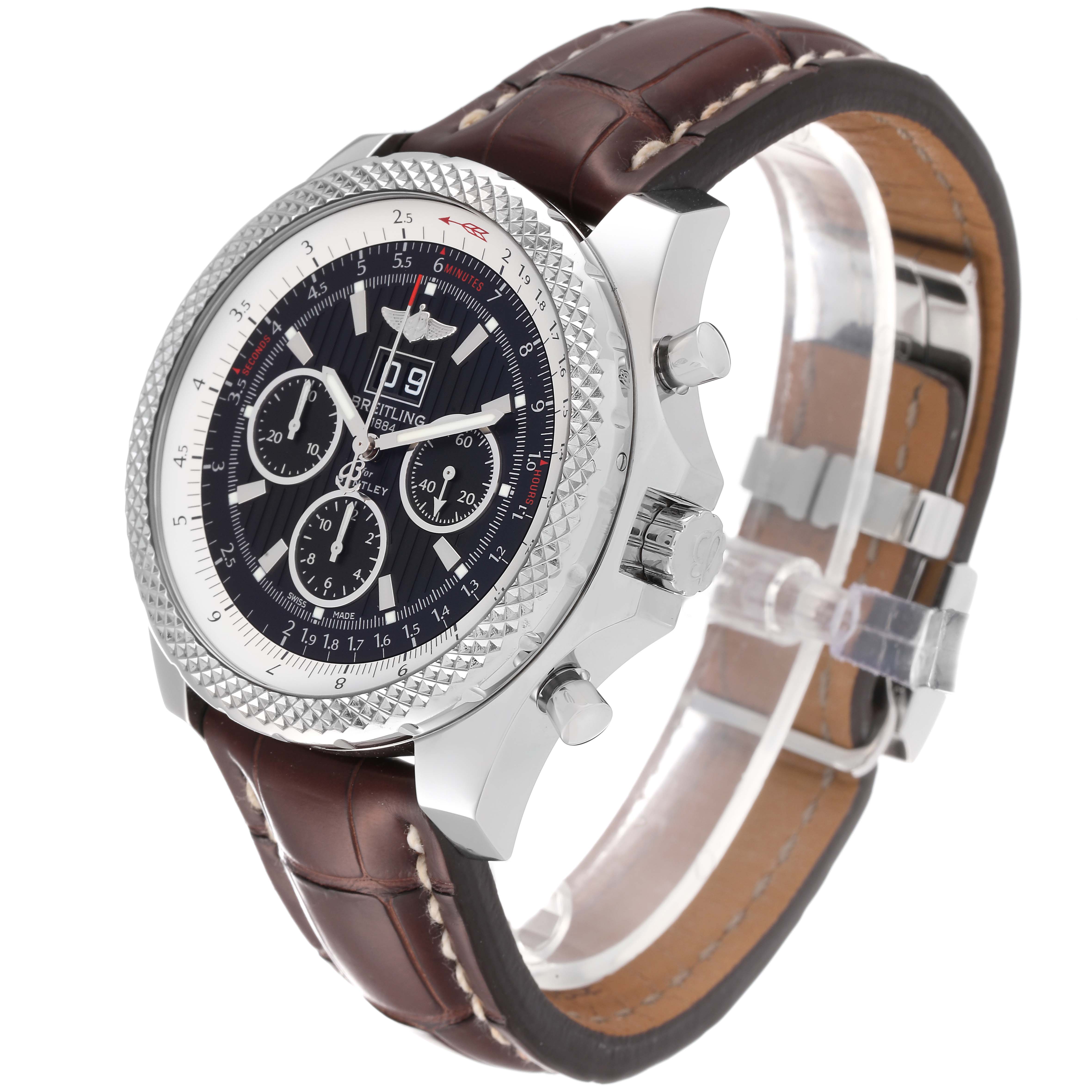 The image shows a side angle of the Bentley model by Breitling, highlighting its dial, bezel, crown, pushers, and leather strap.
