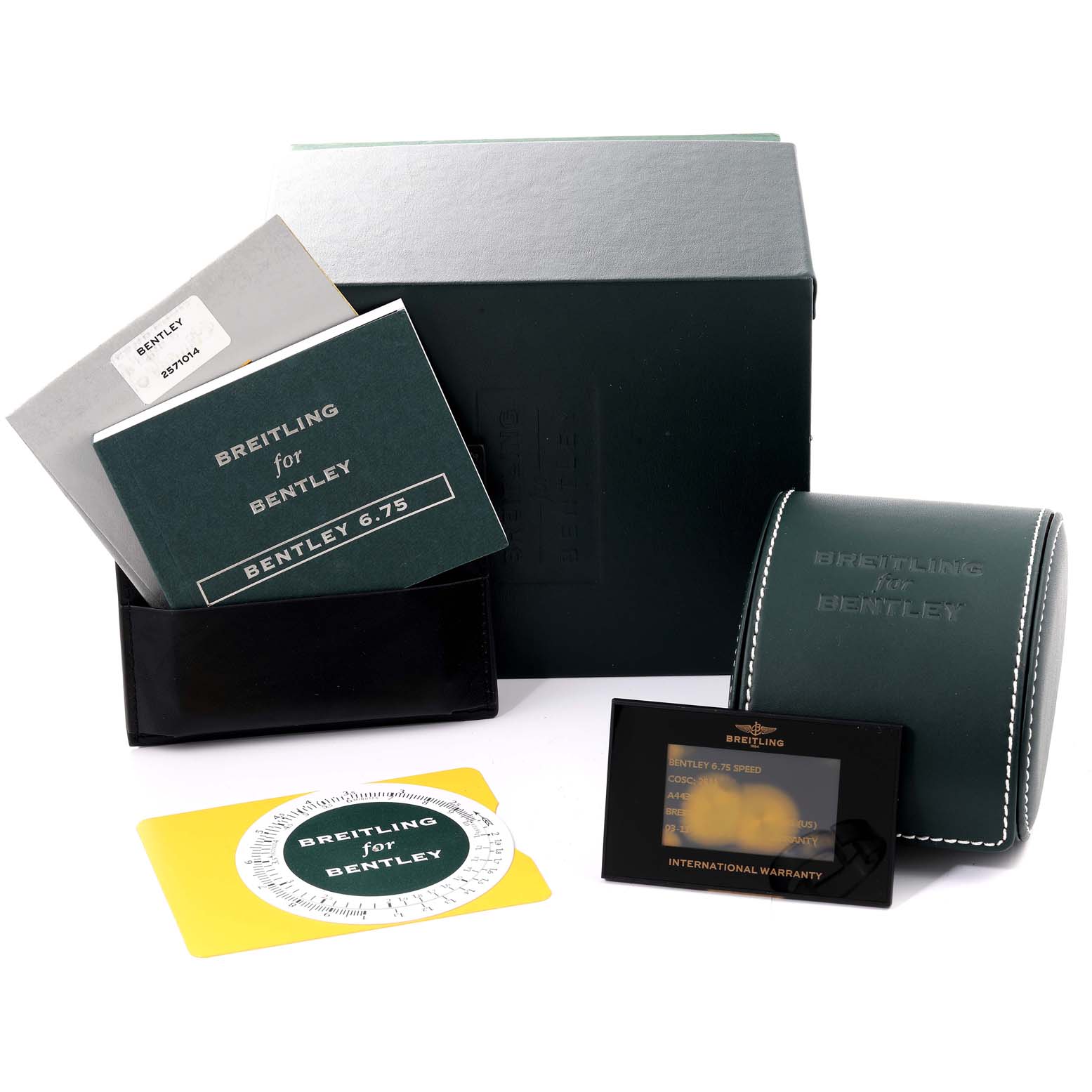 The image shows the packaging, manual, warranty card, and accessories for a Breitling Bentley A44364 Men's Stainless Steel Black Dial A44364 Men's Stainless Steel Black Dial model watch.