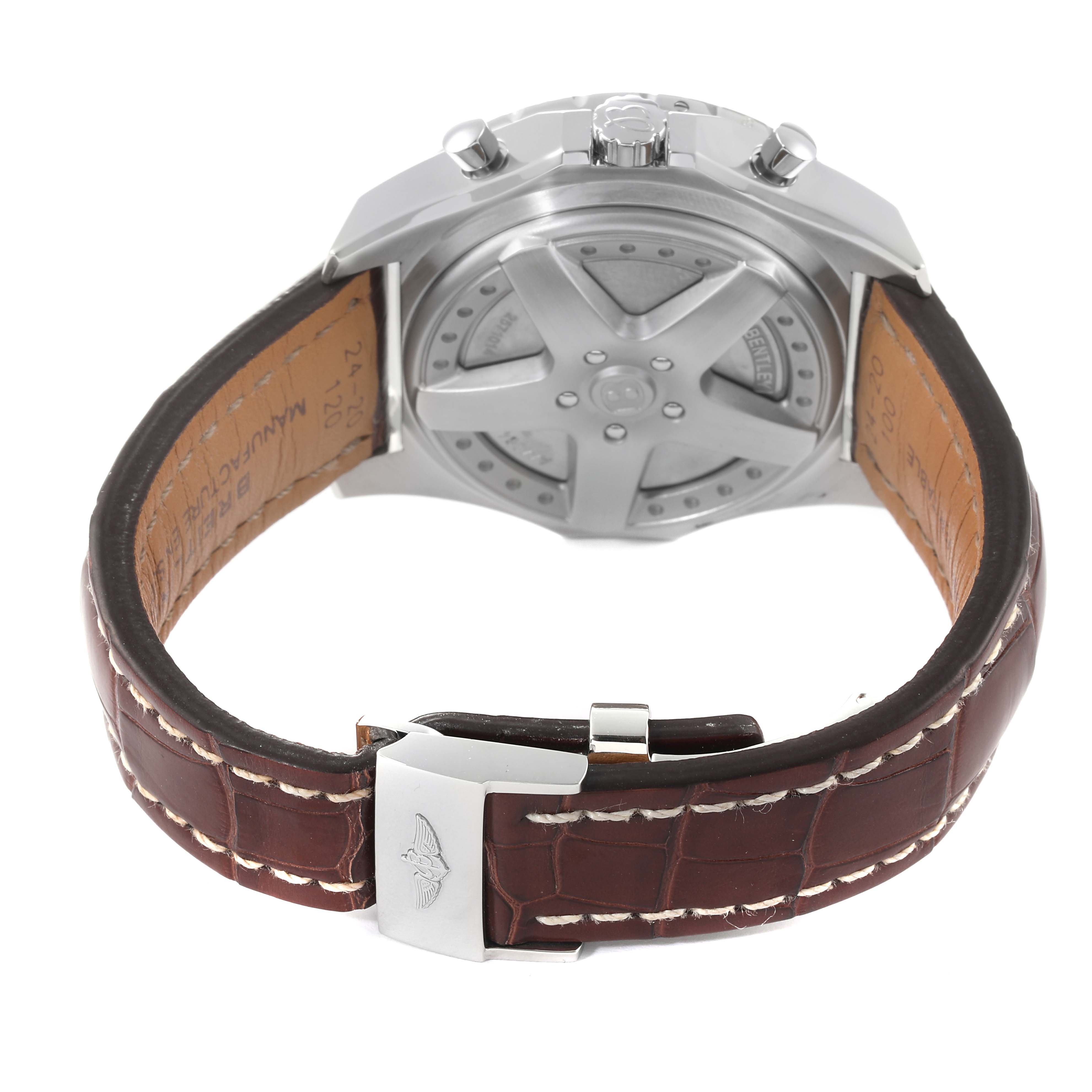 This is the back view of a Breitling Bentley A44364 Men's Stainless Steel Black Dial A44364 Men's Stainless Steel Black Dial watch, showcasing the clasp, strap, and caseback design.