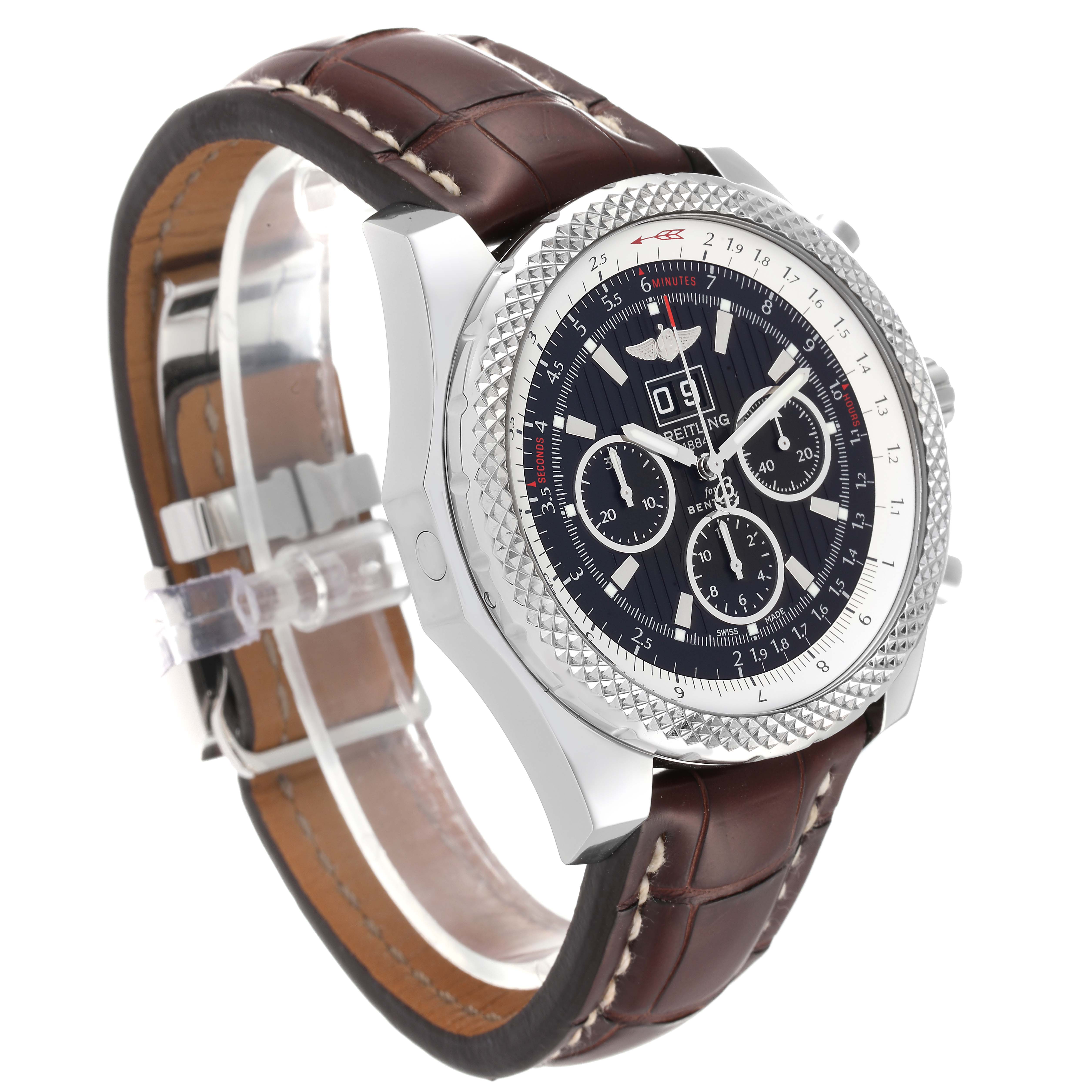 Side view of the Breitling Bentley A44364 Men's Stainless Steel Black Dial A44364 Men's Stainless Steel Black Dial watch, showing the leather strap, clasp, and detailed watch face.