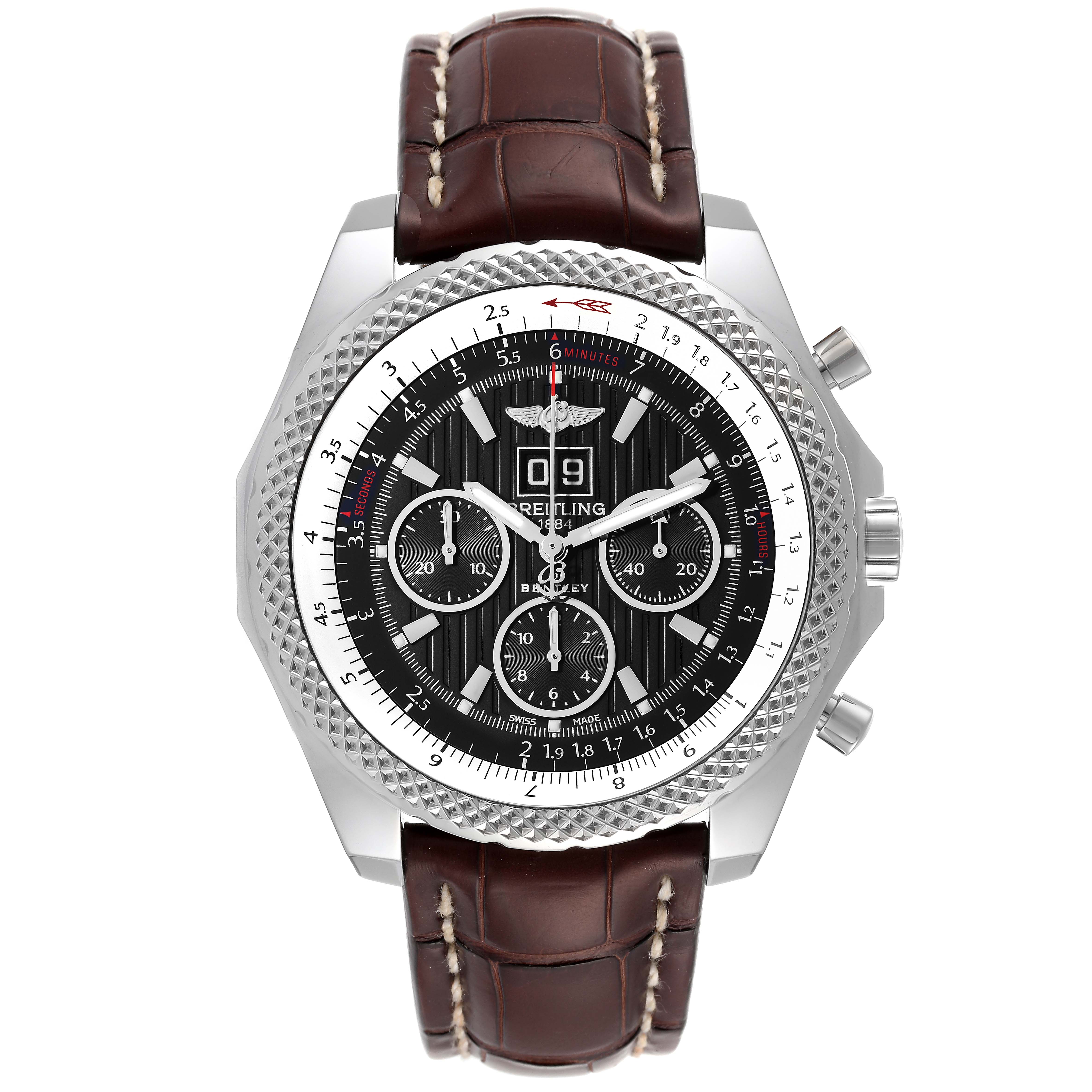 The image shows a Breitling Bentley A44364 Men's Stainless Steel Black Dial A44364 Men's Stainless Steel Black Dial watch from a frontal angle, highlighting the face, bezel, and brown leather strap.