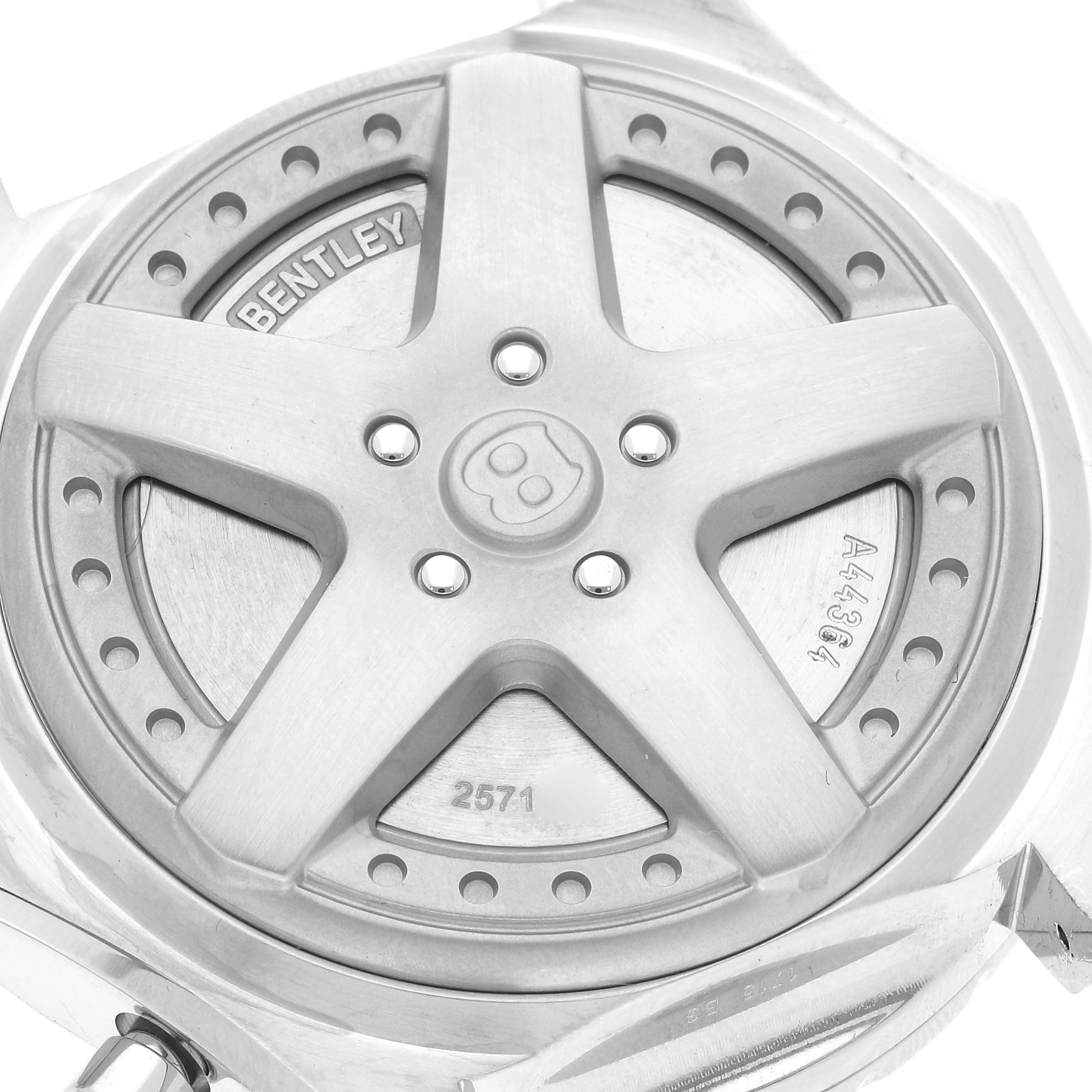 This image shows the back of a Breitling Bentley A44364 Men's Stainless Steel Black Dial A44364 Men's Stainless Steel Black Dial model watch, featuring a wheel rim design with "Bentley" engraving.