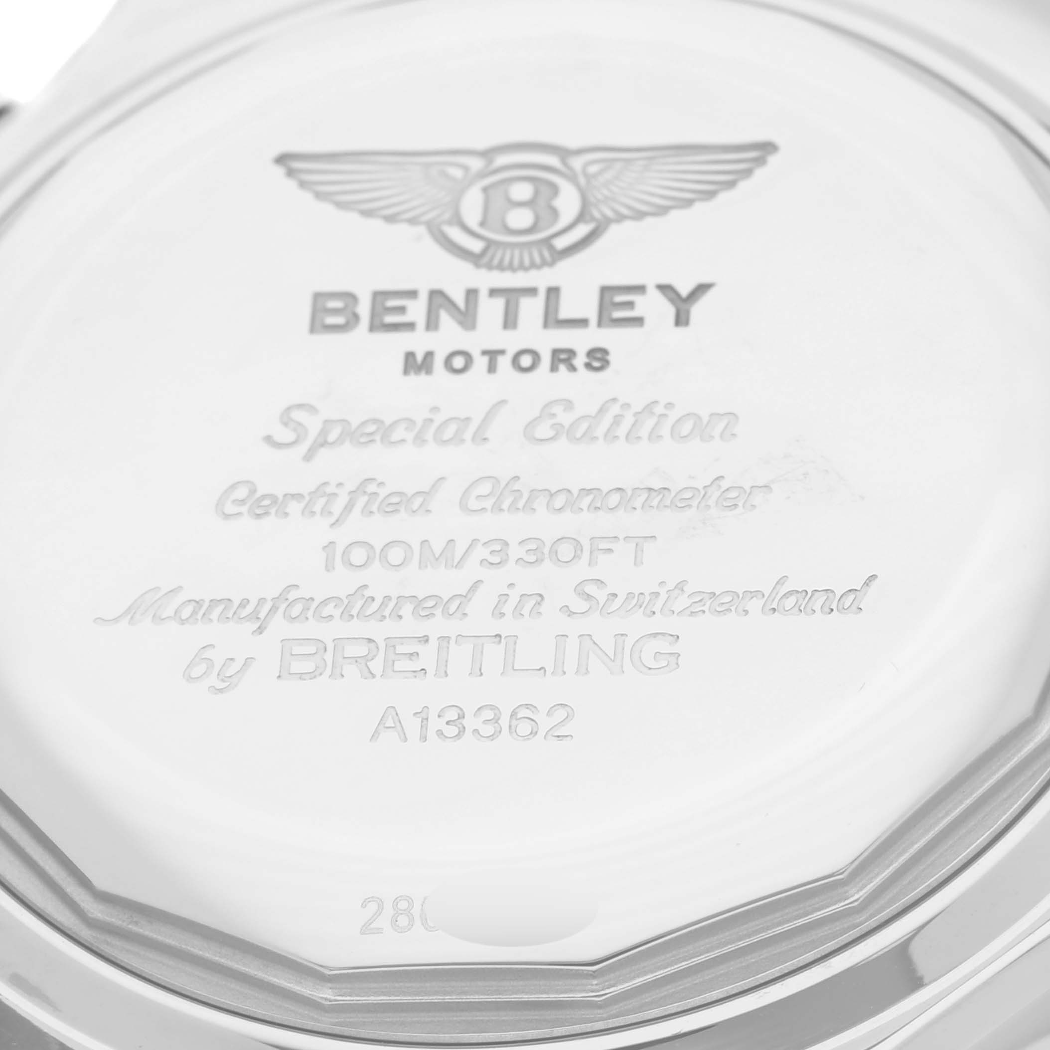This image shows the back case of the Bentley model by Breitling, detailing specifications and branding.