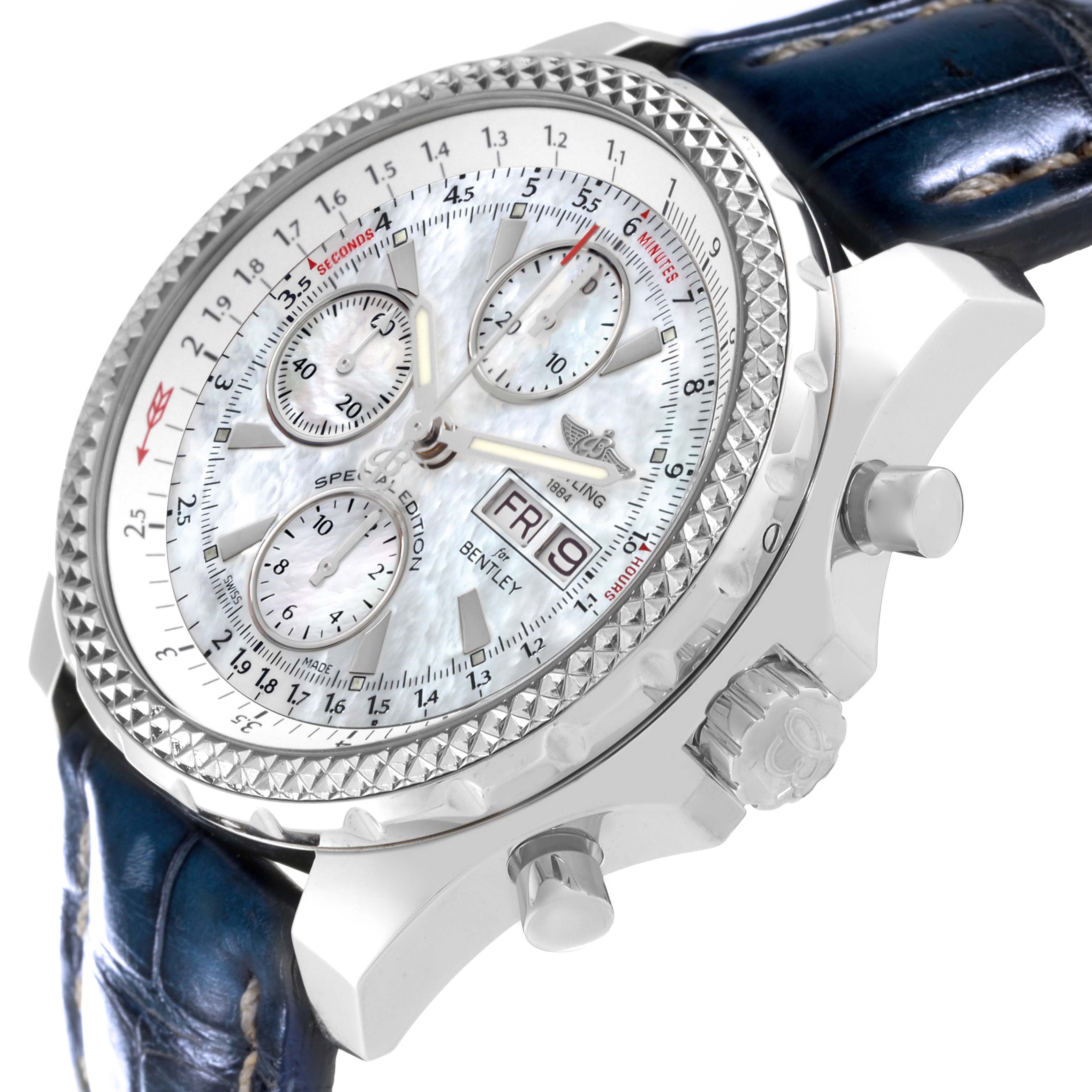 The Breitling Bentley A133628X/A786 Men
s Stainless Steel Mother of Pearl Dial A133628X/A786 Men
s Stainless Steel Mother of Pearl Dial watch is angled to show the face, bezel, crown, pushers, and part of the leather strap.