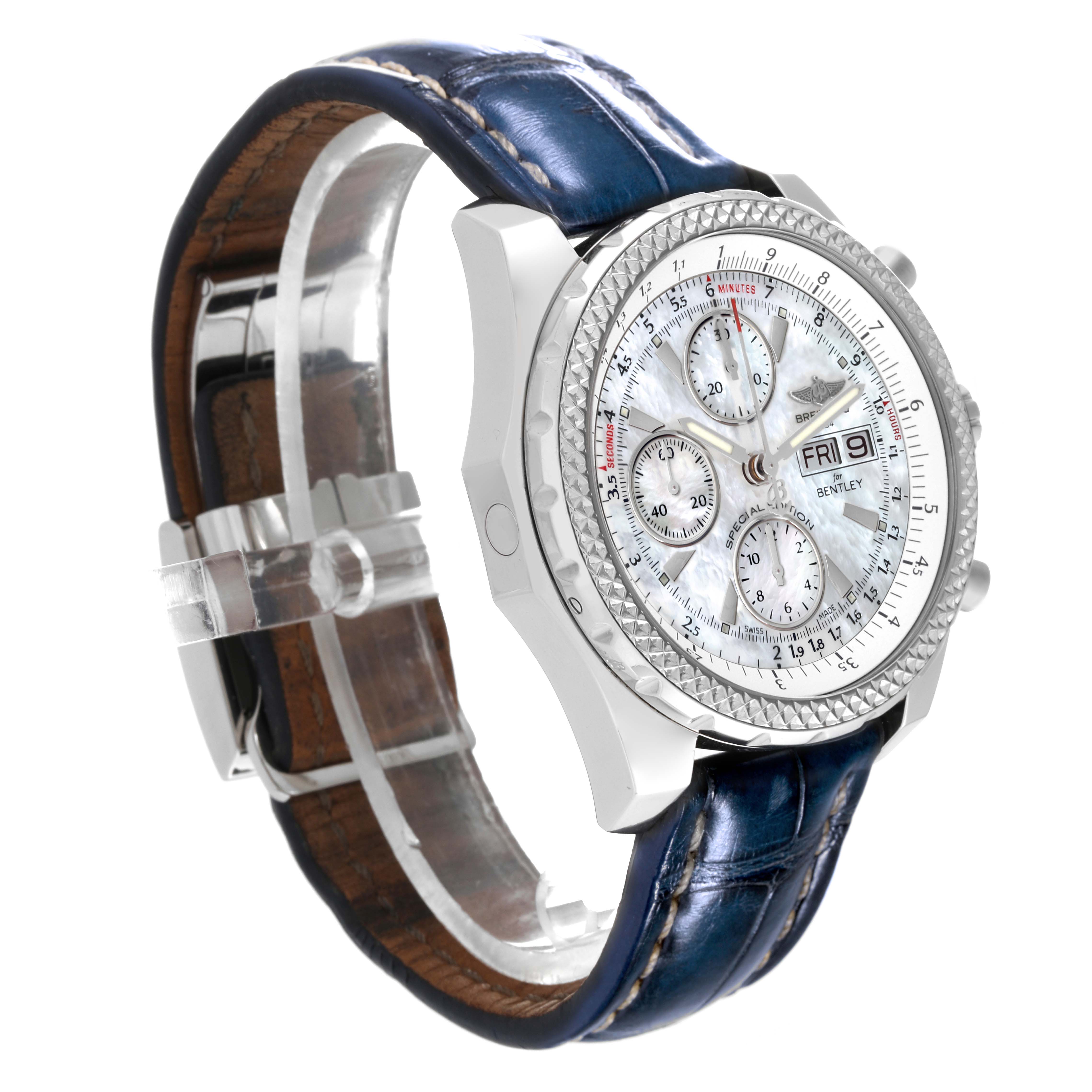The image shows a Bentley model by Breitling from a side angle, highlighting the dial, bezel, and blue leather strap.
