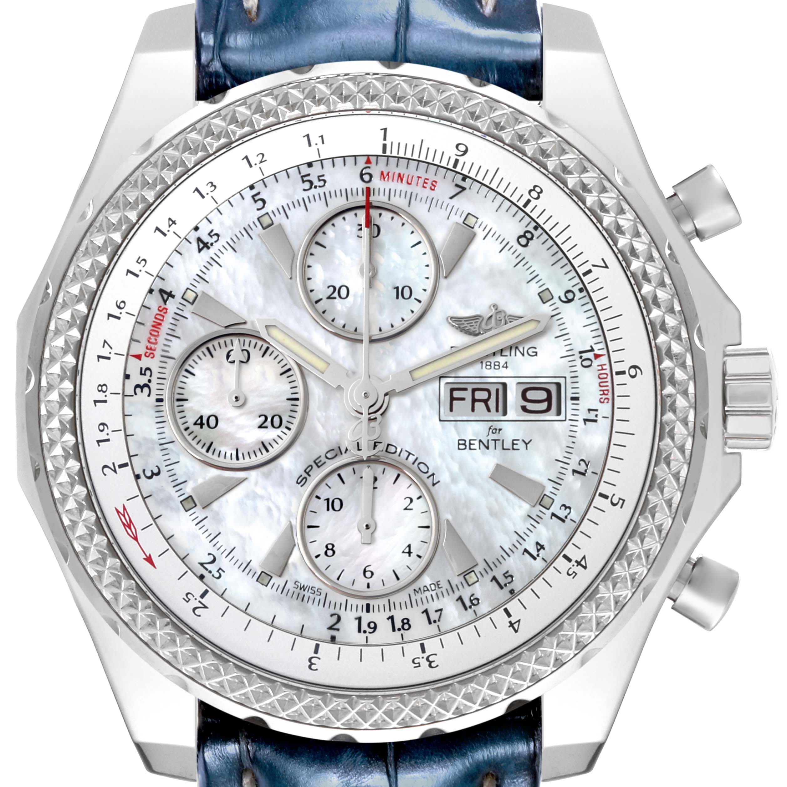 This image shows the face of a Breitling Bentley A133628X/A786 Men
s Stainless Steel Mother of Pearl Dial A133628X/A786 Men
s Stainless Steel Mother of Pearl Dial watch, with visible sub-dials, date window, and bezel.