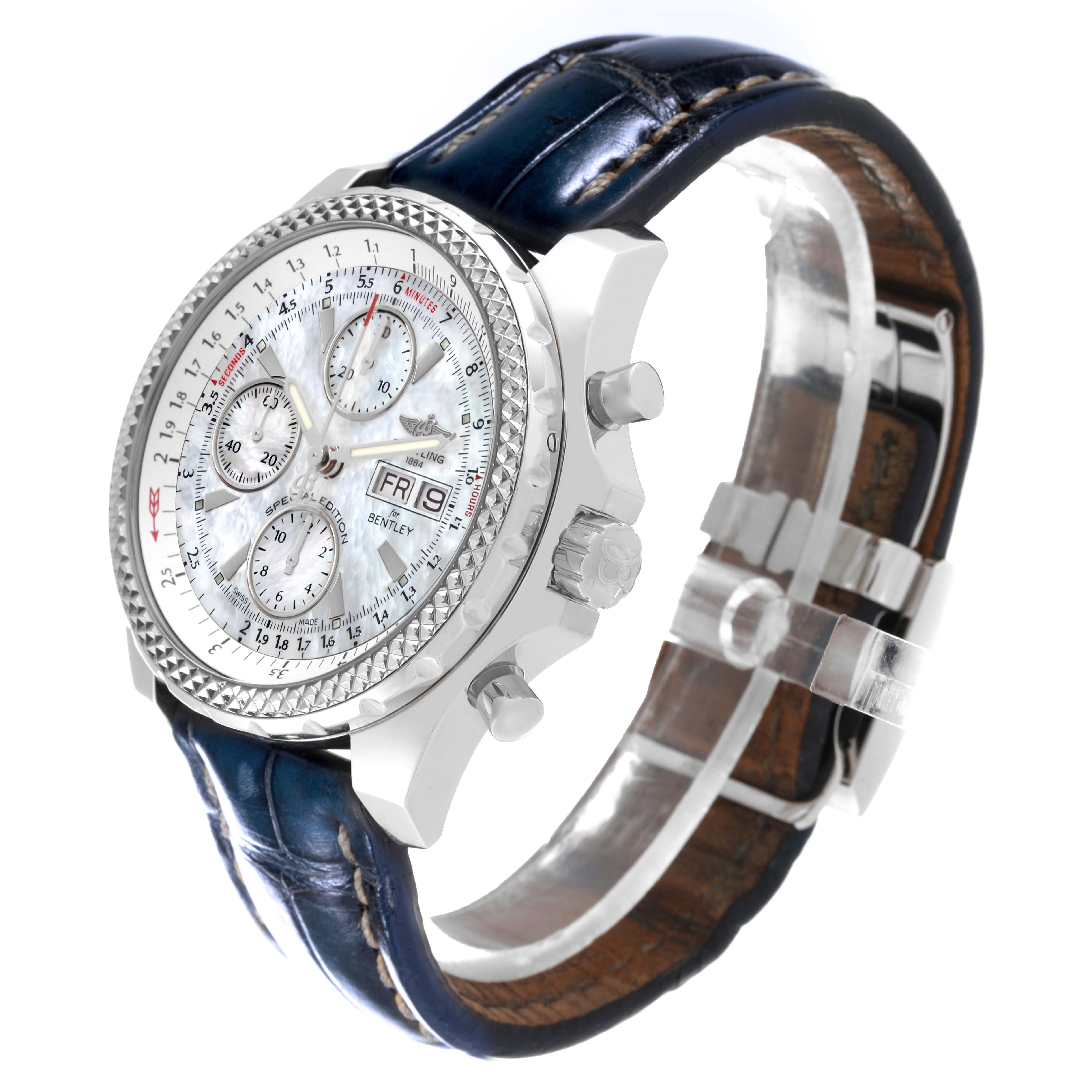 The image shows an angled view of a Bentley model by Breitling, highlighting the face, bezel, and leather strap.