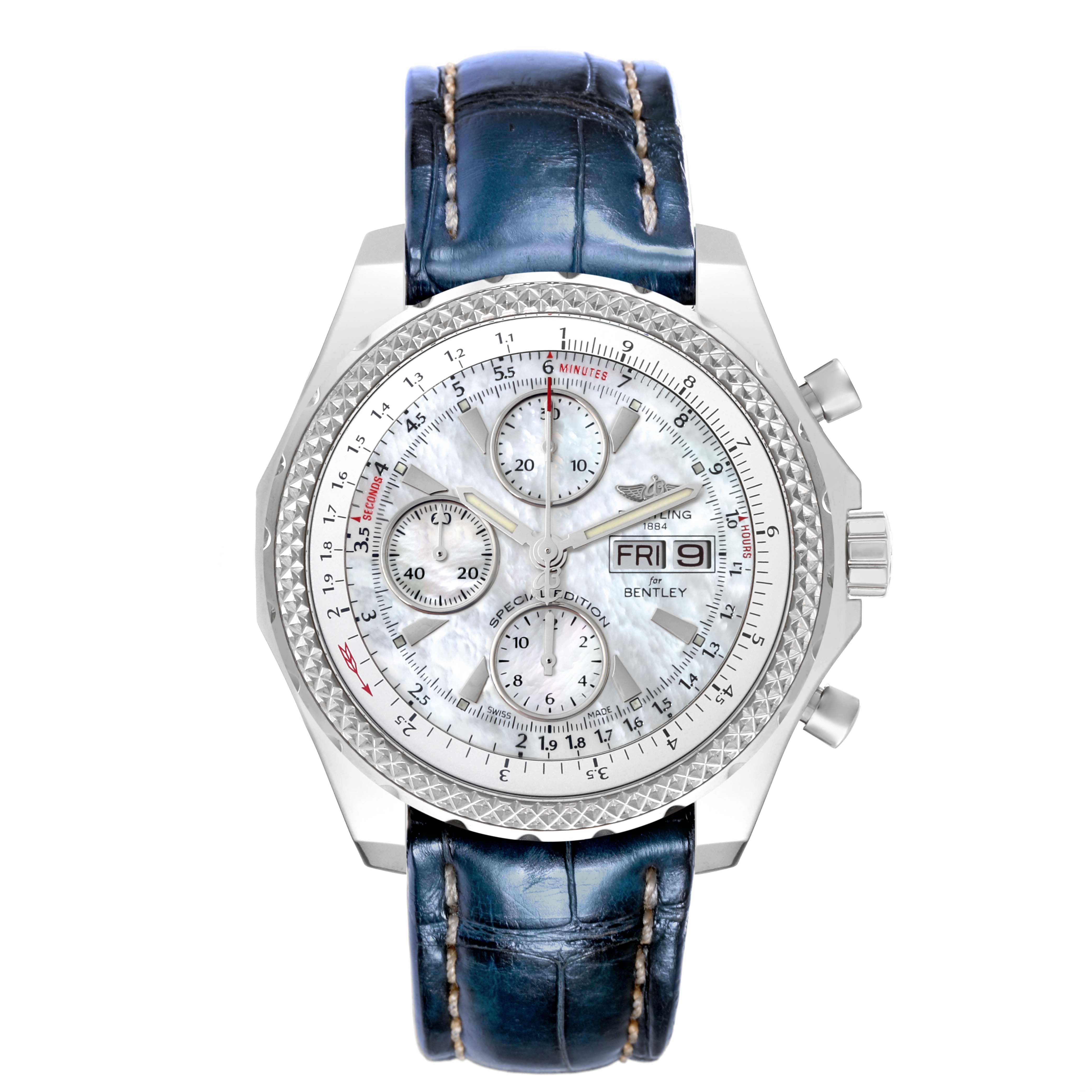 The image shows a frontal view of a Breitling Bentley A133628X/A786 Men
s Stainless Steel Mother of Pearl Dial A133628X/A786 Men
s Stainless Steel Mother of Pearl Dial watch with a blue leather strap and a detailed dial.