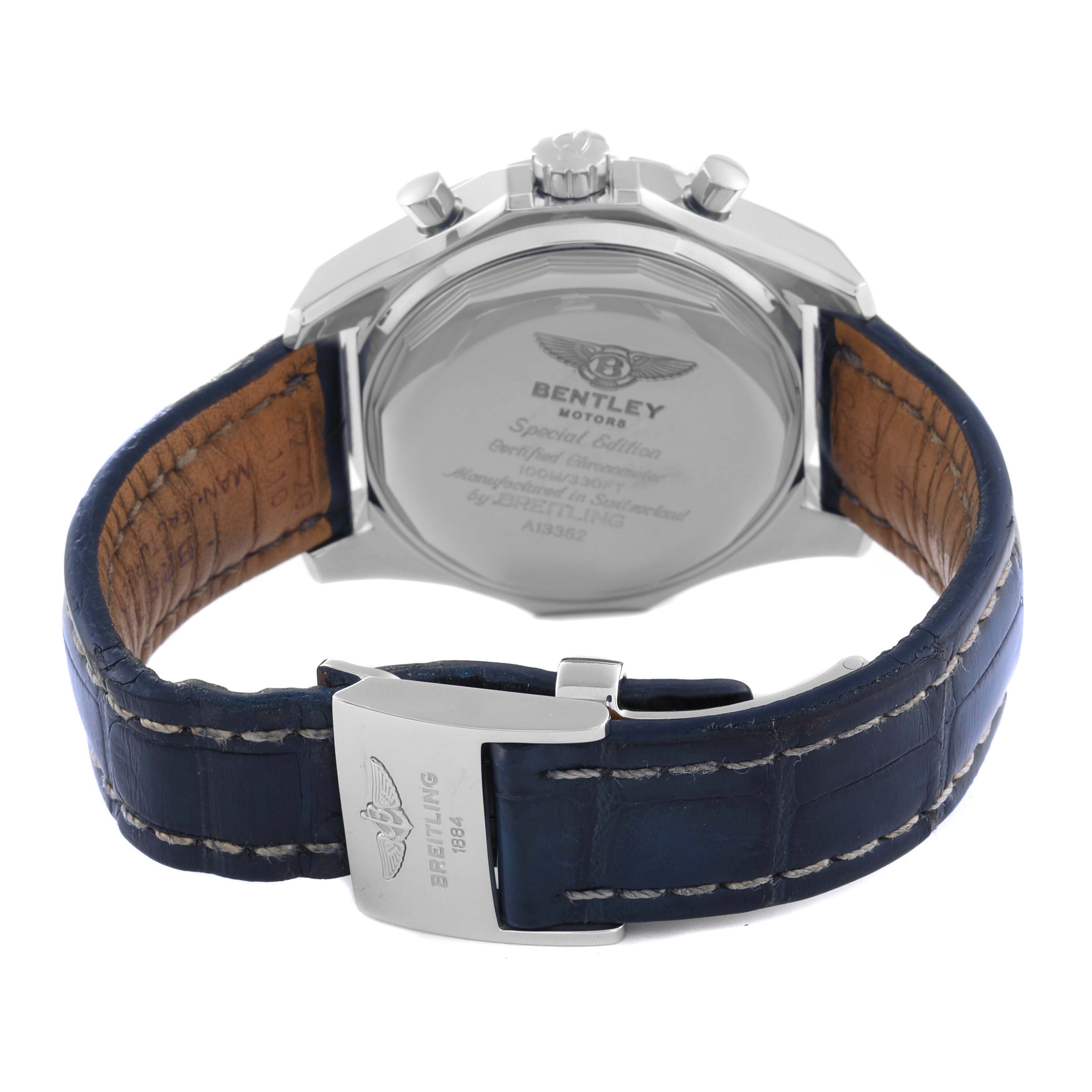 The image shows the back view of a Breitling Bentley A133628X/A786 Men
s Stainless Steel Mother of Pearl Dial A133628X/A786 Men
s Stainless Steel Mother of Pearl Dial watch, highlighting its case back, crown, pushers, and leather strap with a clasp.