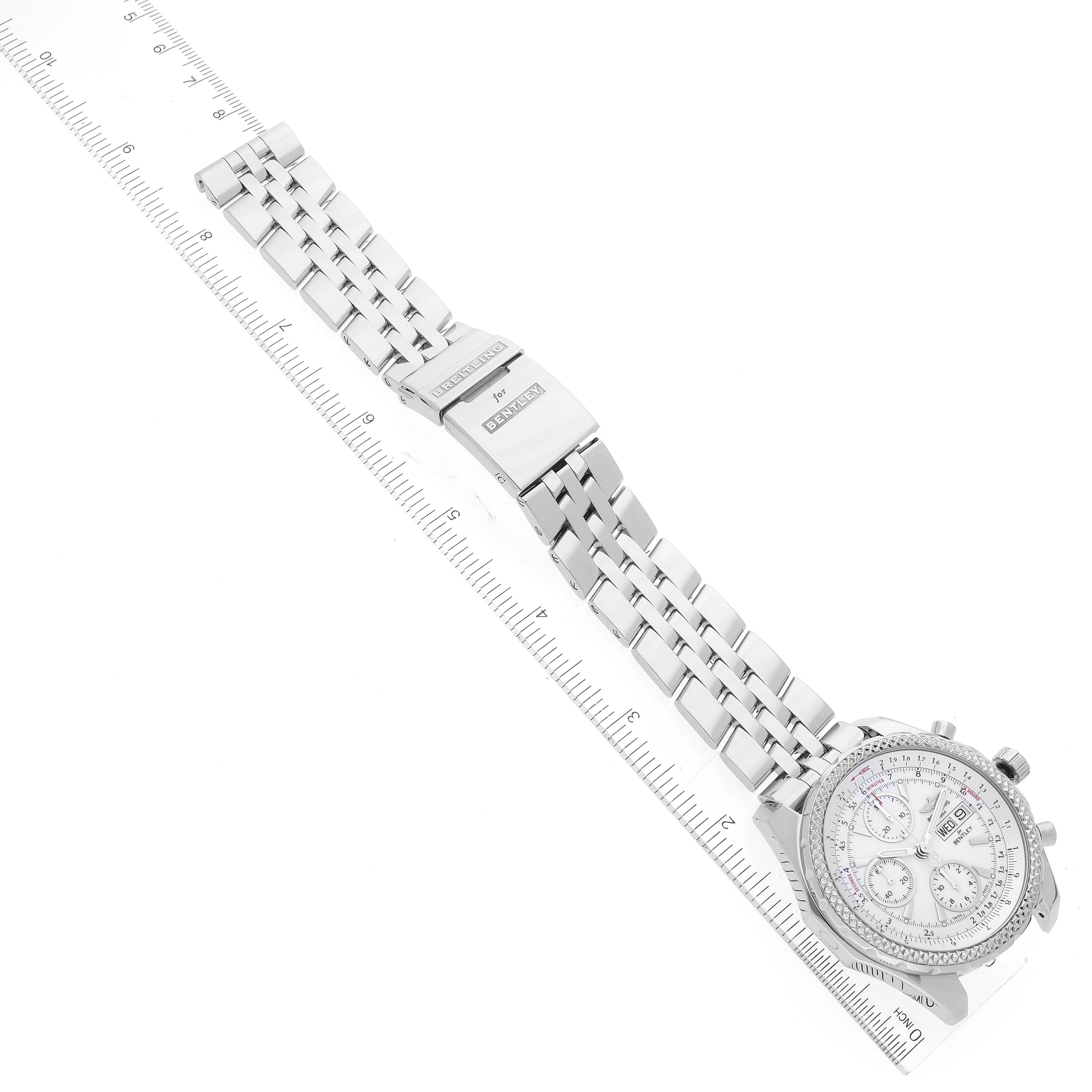 The image shows a top-down view of the Breitling Bentley A13362 Men's Stainless Steel Silver Dial A13362 Men's Stainless Steel Silver Dial watch, highlighting its face and metal bracelet.