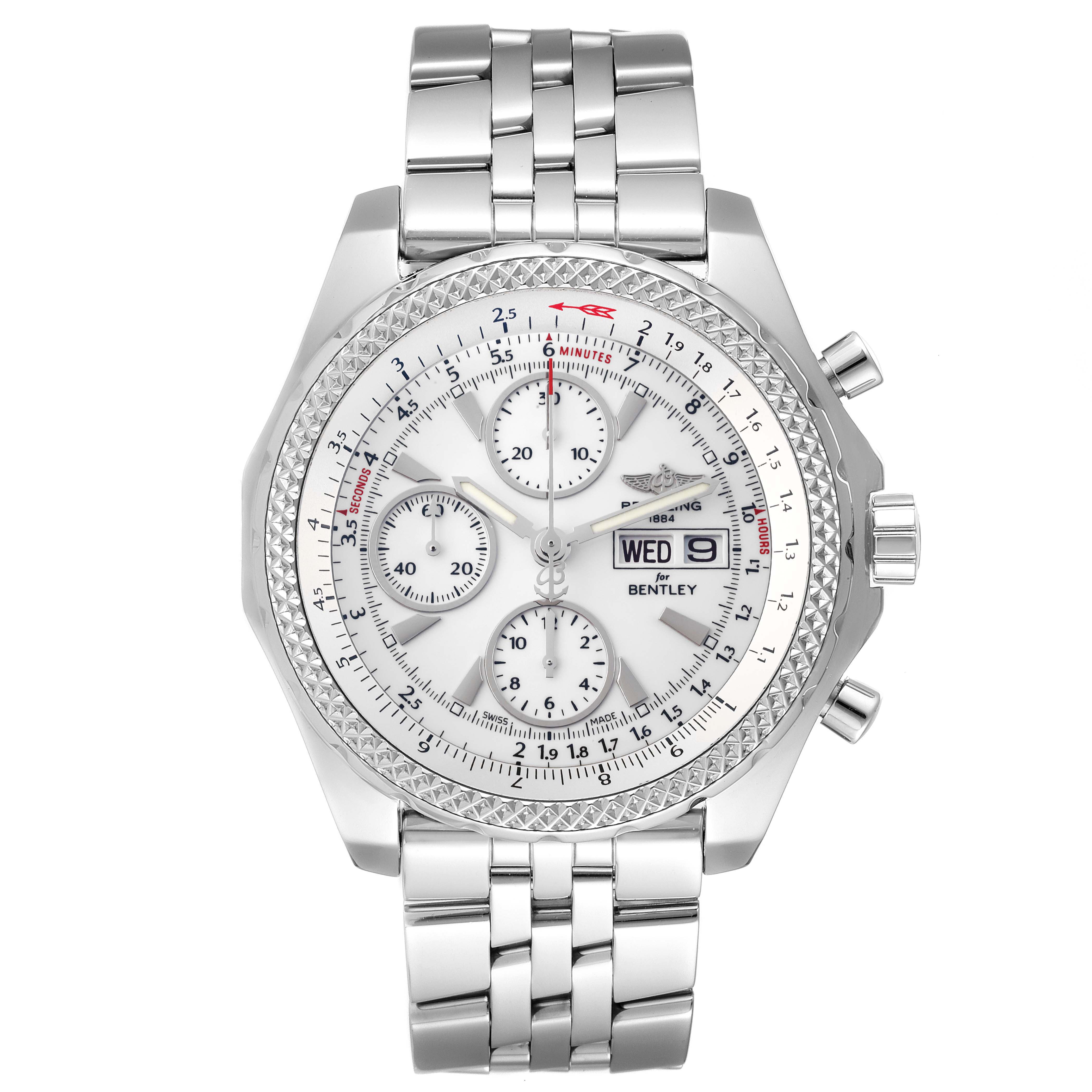 The Bentley model by Breitling is shown from the front, displaying its face, bezel, crown, pushers, and metallic bracelet.