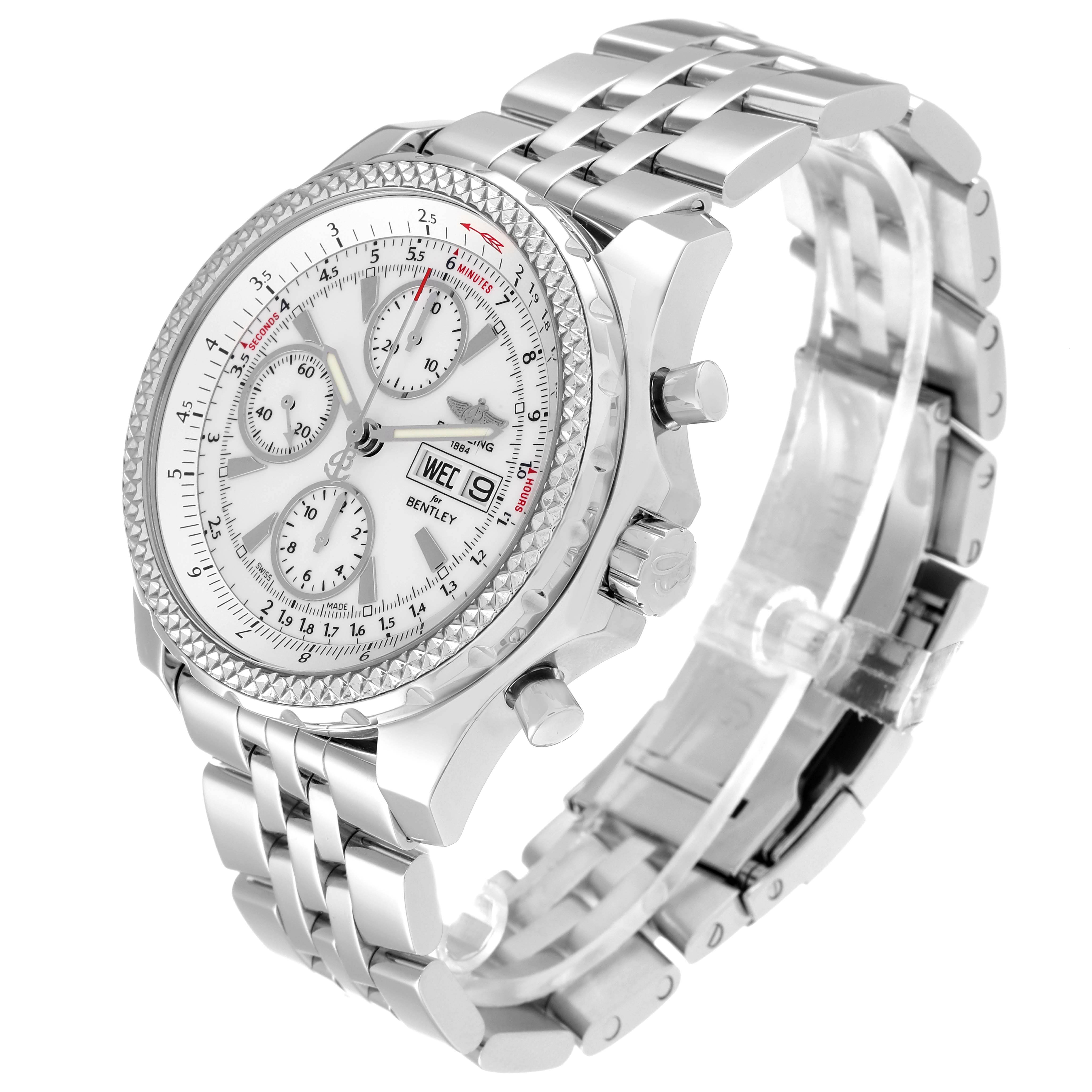 The image shows a Breitling Bentley A13362 Men's Stainless Steel Silver Dial A13362 Men's Stainless Steel Silver Dial watch at a three-quarter angle, highlighting its dial, bezel, and metallic bracelet.