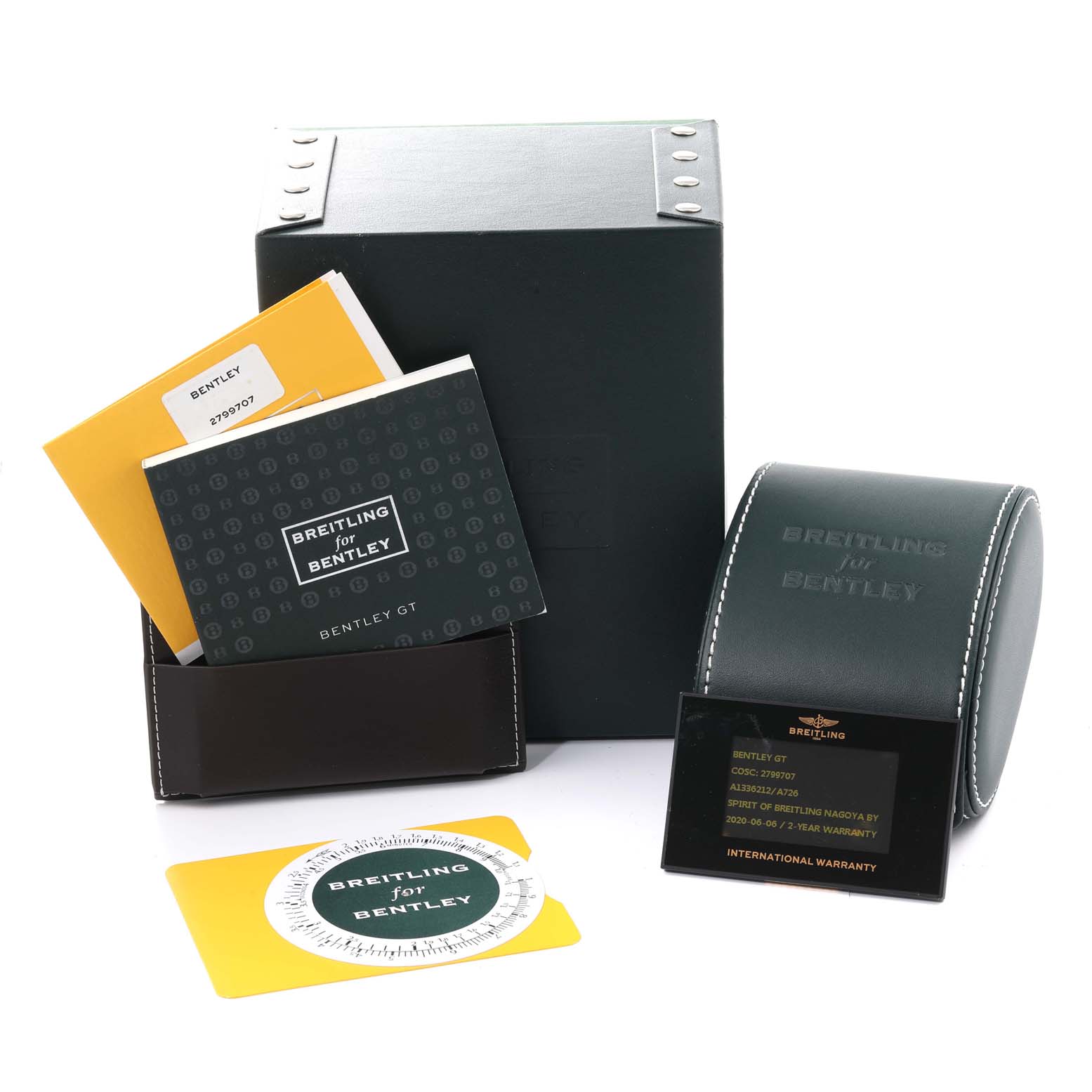 The image shows the packaging, manuals, warranty card, and storage case for the Breitling Bentley A13362 Men's Stainless Steel Silver Dial A13362 Men's Stainless Steel Silver Dial model watch.