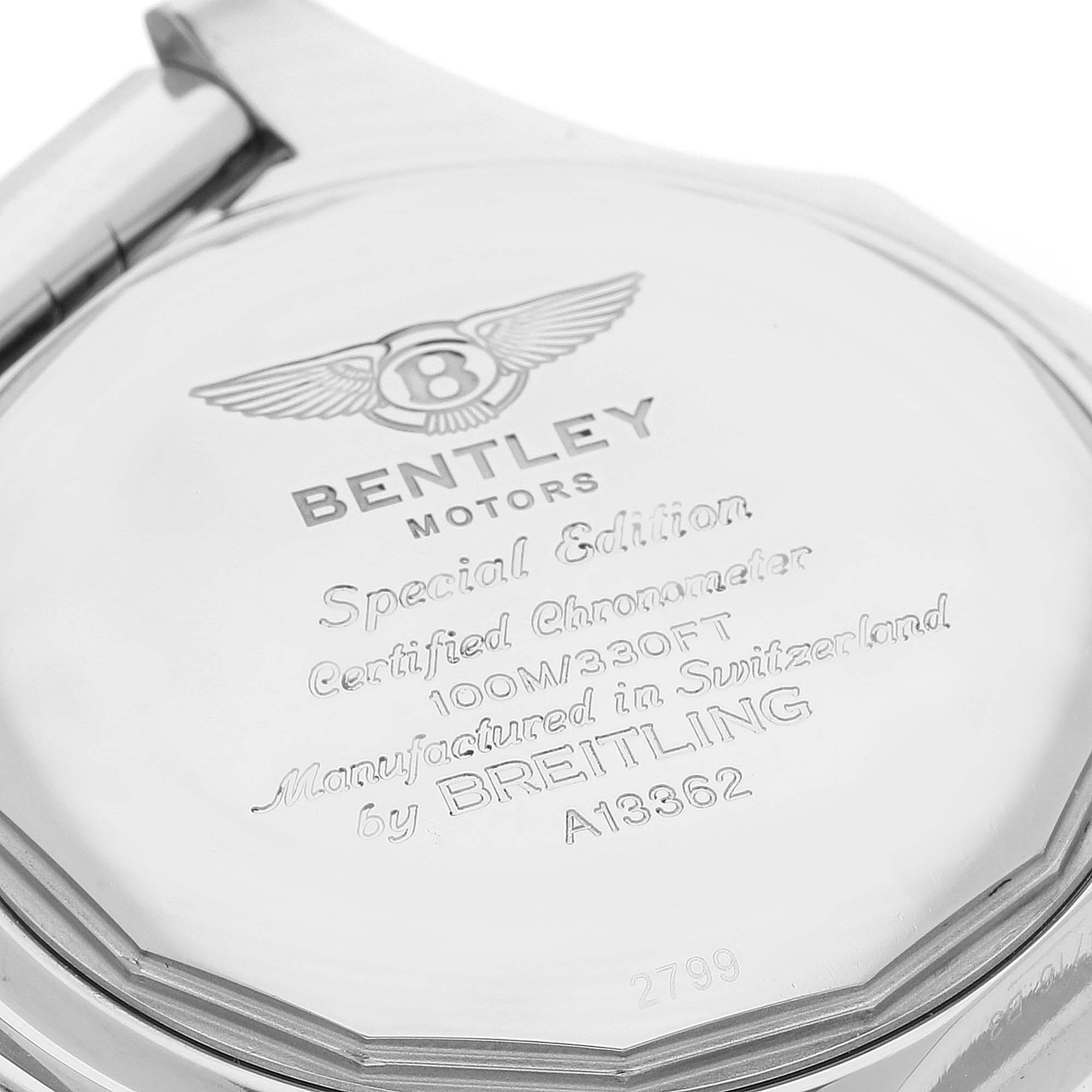 The image shows the back case of a Breitling Bentley A13362 Men's Stainless Steel Silver Dial A13362 Men's Stainless Steel Silver Dial model watch, highlighting its engravings.