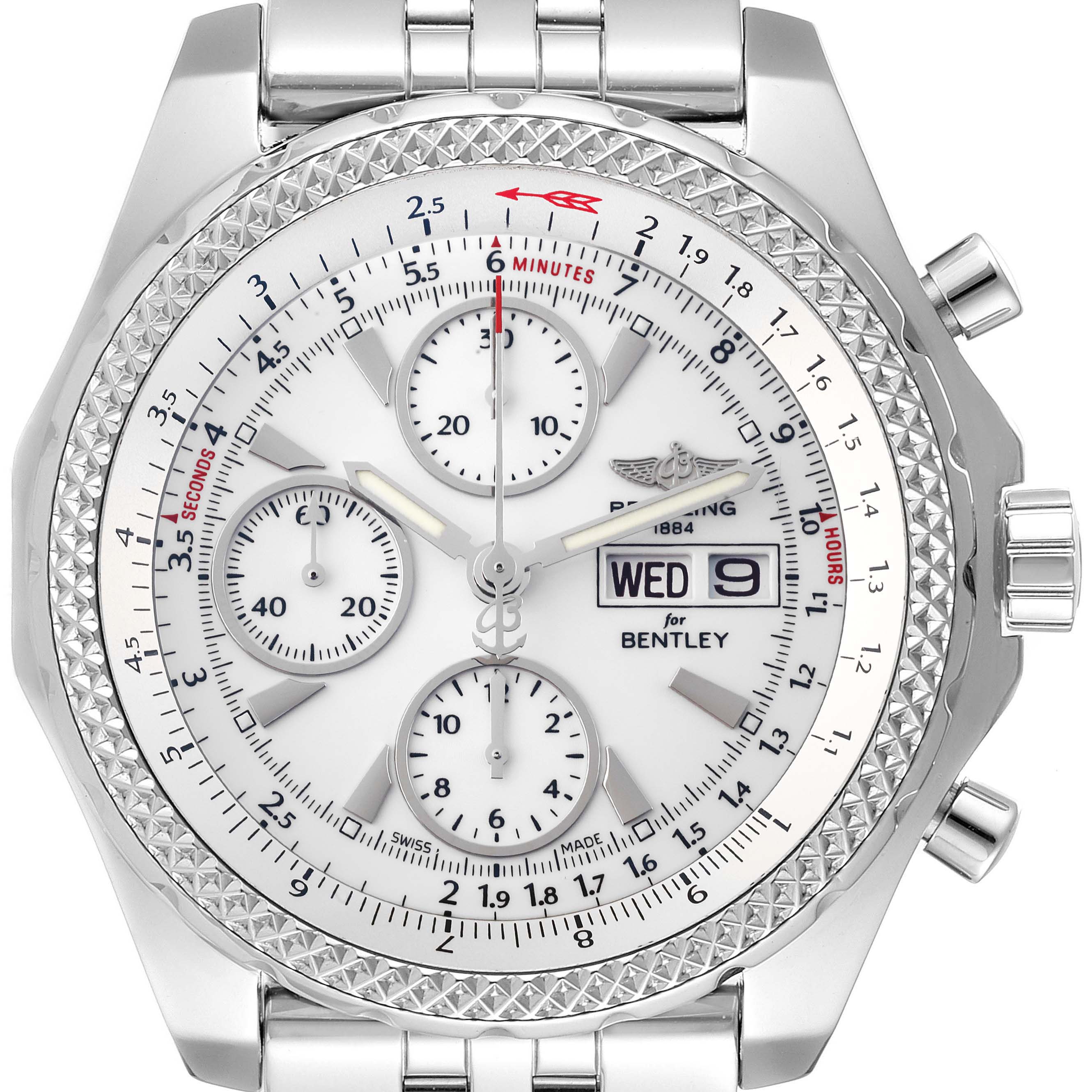 This Breitling Bentley A13362 Men's Stainless Steel Silver Dial A13362 Men's Stainless Steel Silver Dial model watch is shown from a front view, displaying the dial, subdials, and part of the metal bracelet.