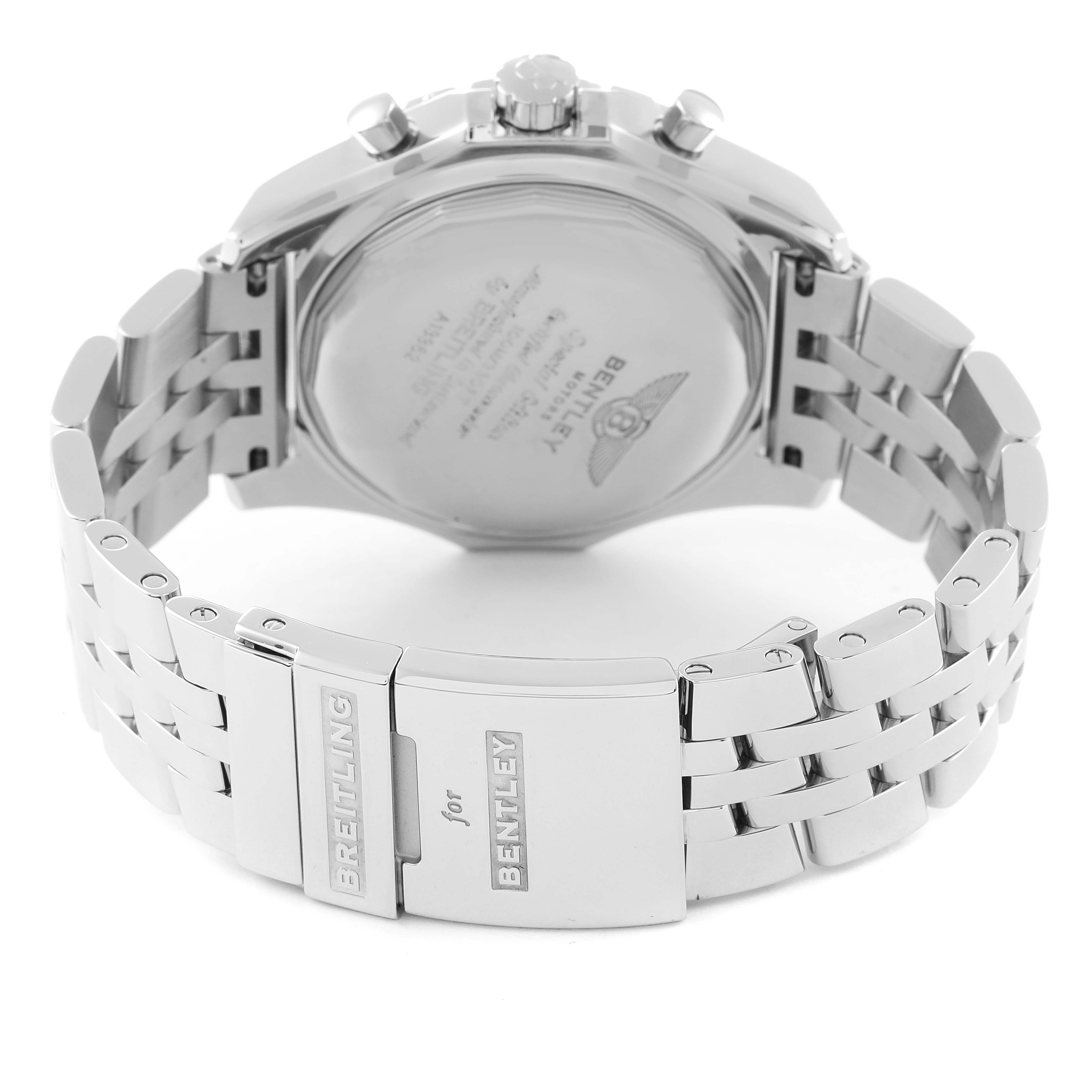This image shows the back view of the Breitling Bentley A13362 Men's Stainless Steel Silver Dial A13362 Men's Stainless Steel Silver Dial watch, highlighting the clasp and the engraved case back.