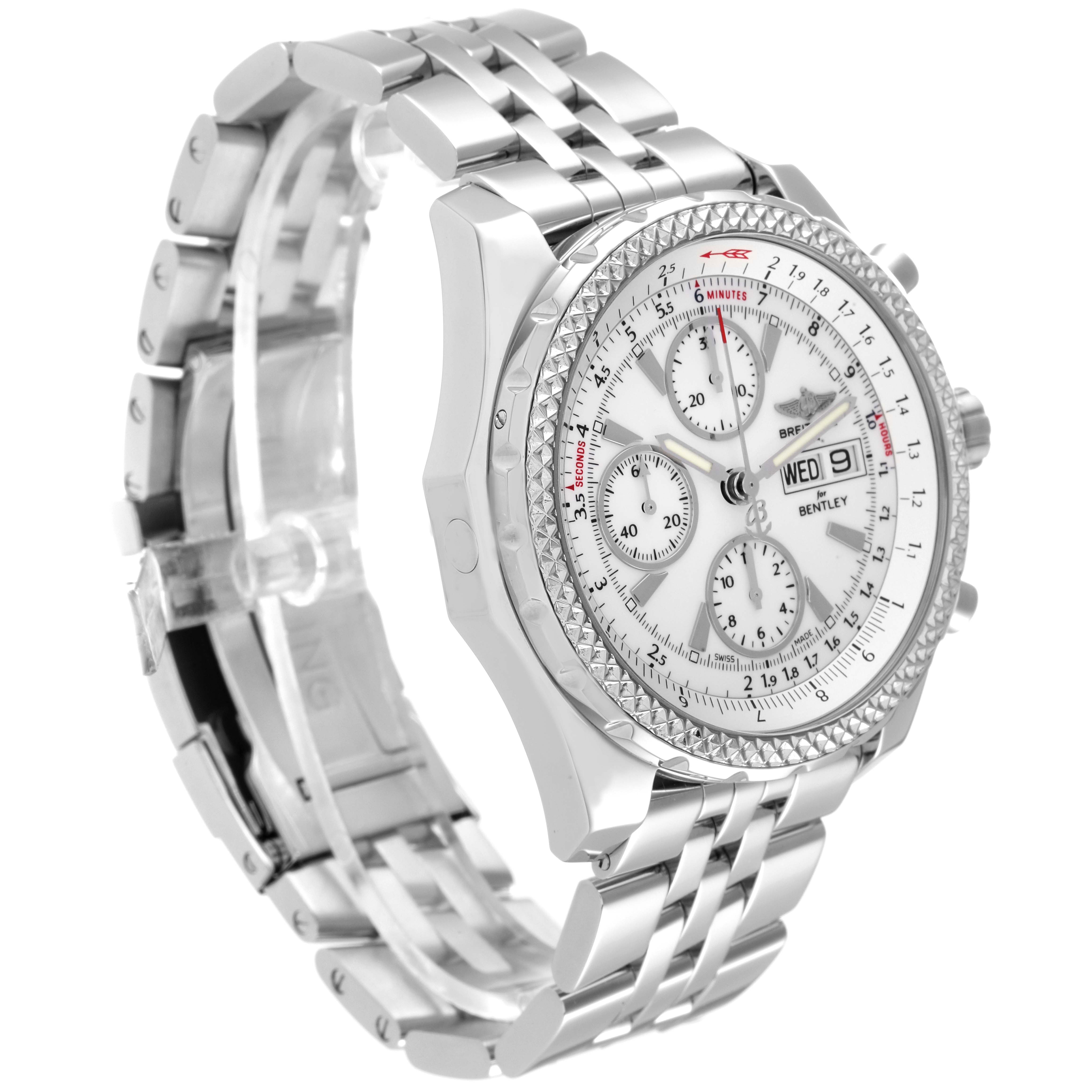 The image shows the front and side view of a Breitling Bentley A13362 Men's Stainless Steel Silver Dial A13362 Men's Stainless Steel Silver Dial watch, highlighting the dial, bezel, and metal bracelet.