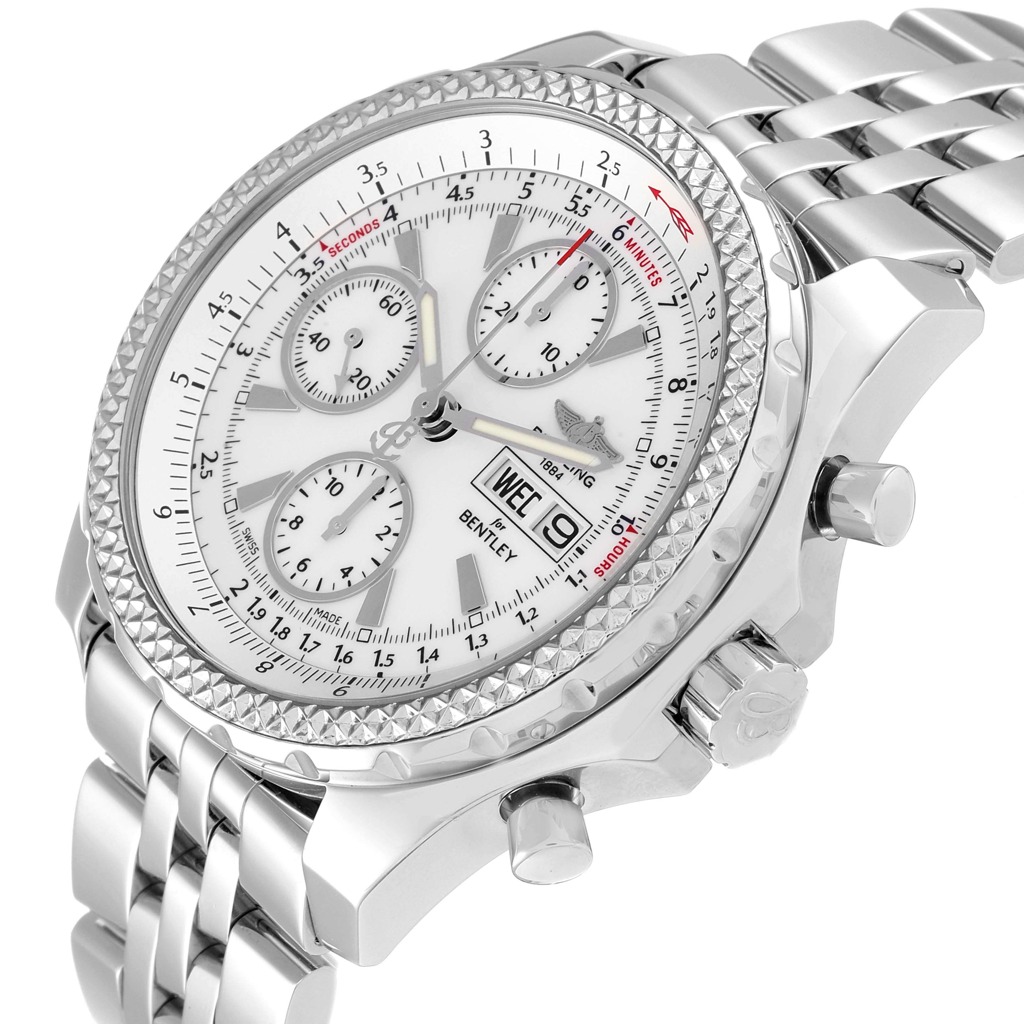 The image shows a side angle of the Breitling Bentley A13362 Men's Stainless Steel Silver Dial A13362 Men's Stainless Steel Silver Dial watch, highlighting its face, bezel, and bracel