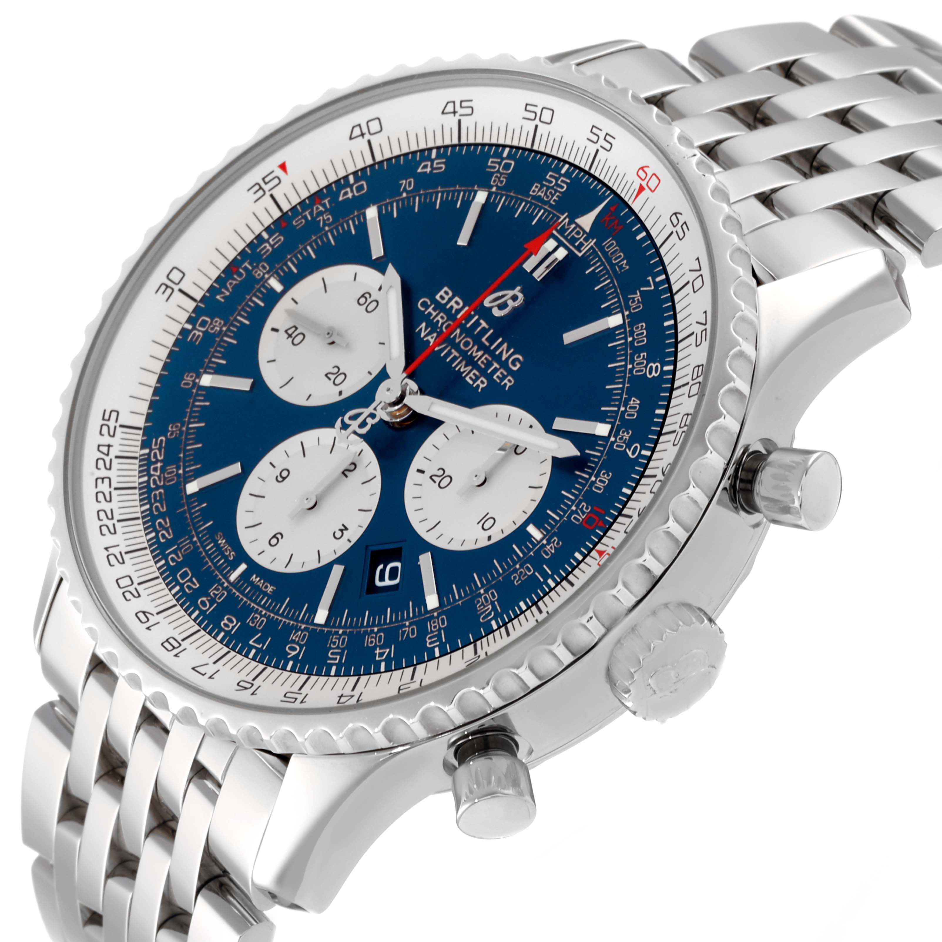 This image shows a side angle of a Breitling Navitimer AB0127211C1A1 Men's Stainless Steel Blue Dial AB0127211C1A1 Men's Stainless Steel Blue Dial watch highlighting the dial, crown, pushers, and bracelet.