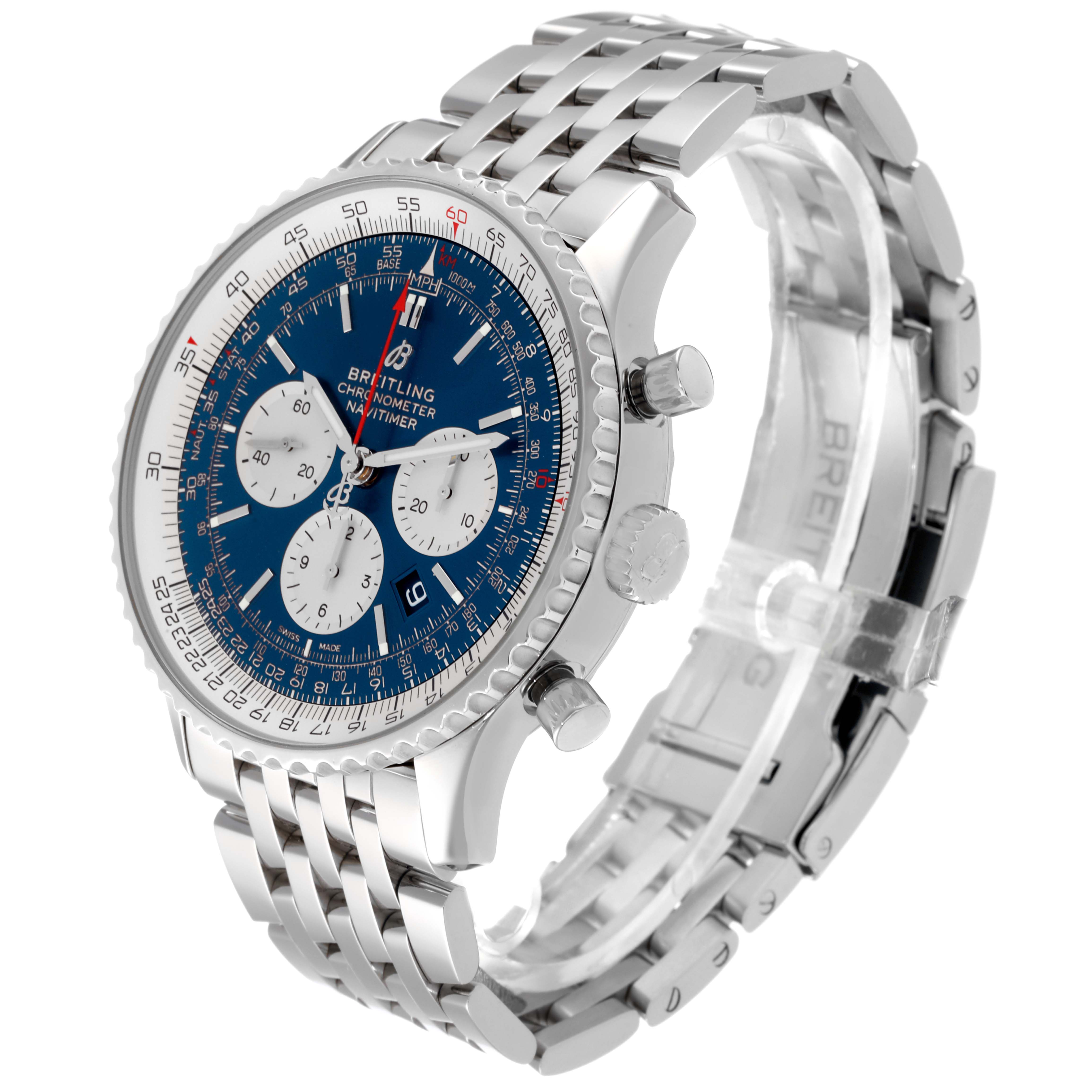 The image shows a Breitling Navitimer AB0127211C1A1 Men's Stainless Steel Blue Dial AB0127211C1A1 Men's Stainless Steel Blue Dial watch from an angled side view, highlighting its bezel, crown, and metal bracelet.