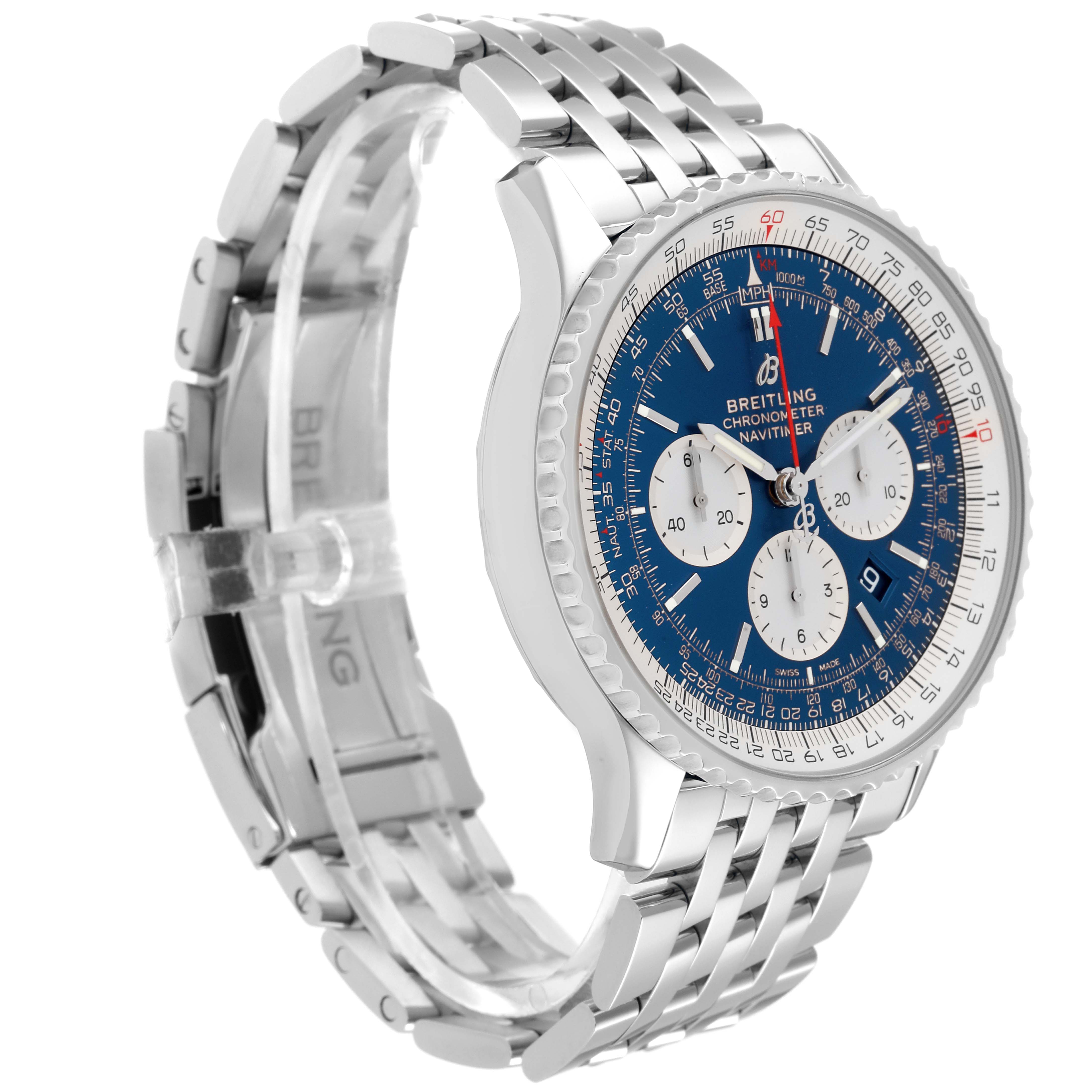 The image shows a side angle of a Breitling Navitimer AB0127211C1A1 Men's Stainless Steel Blue Dial AB0127211C1A1 Men's Stainless Steel Blue Dial watch, highlighting its blue dial, chronograph subdials, and stainless steel bracelet.