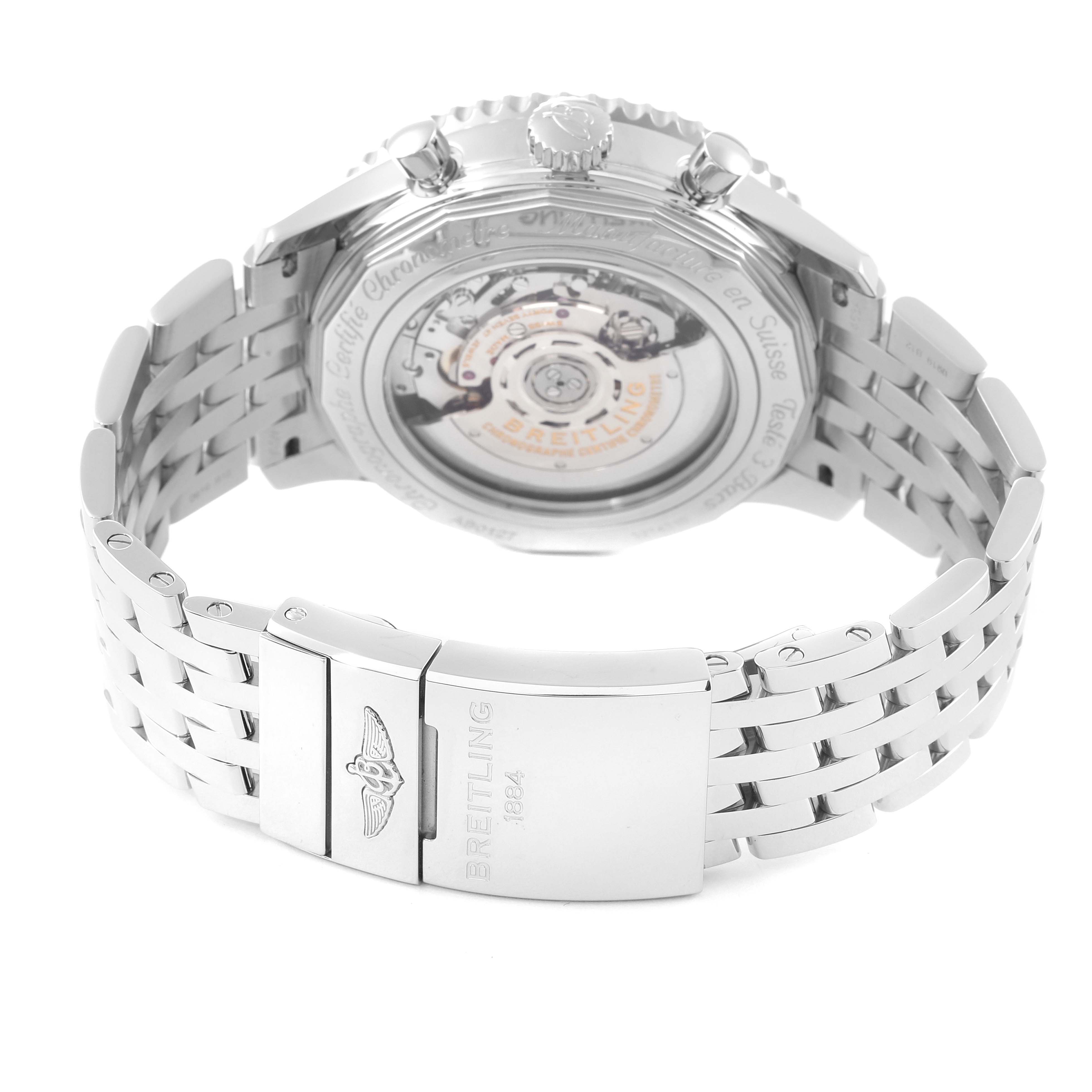 The image shows the back and bracelet of a Breitling Navitimer AB0127211C1A1 Men's Stainless Steel Blue Dial AB0127211C1A1 Men's Stainless Steel Blue Dial watch, including its transparent case back and deployment clasp.