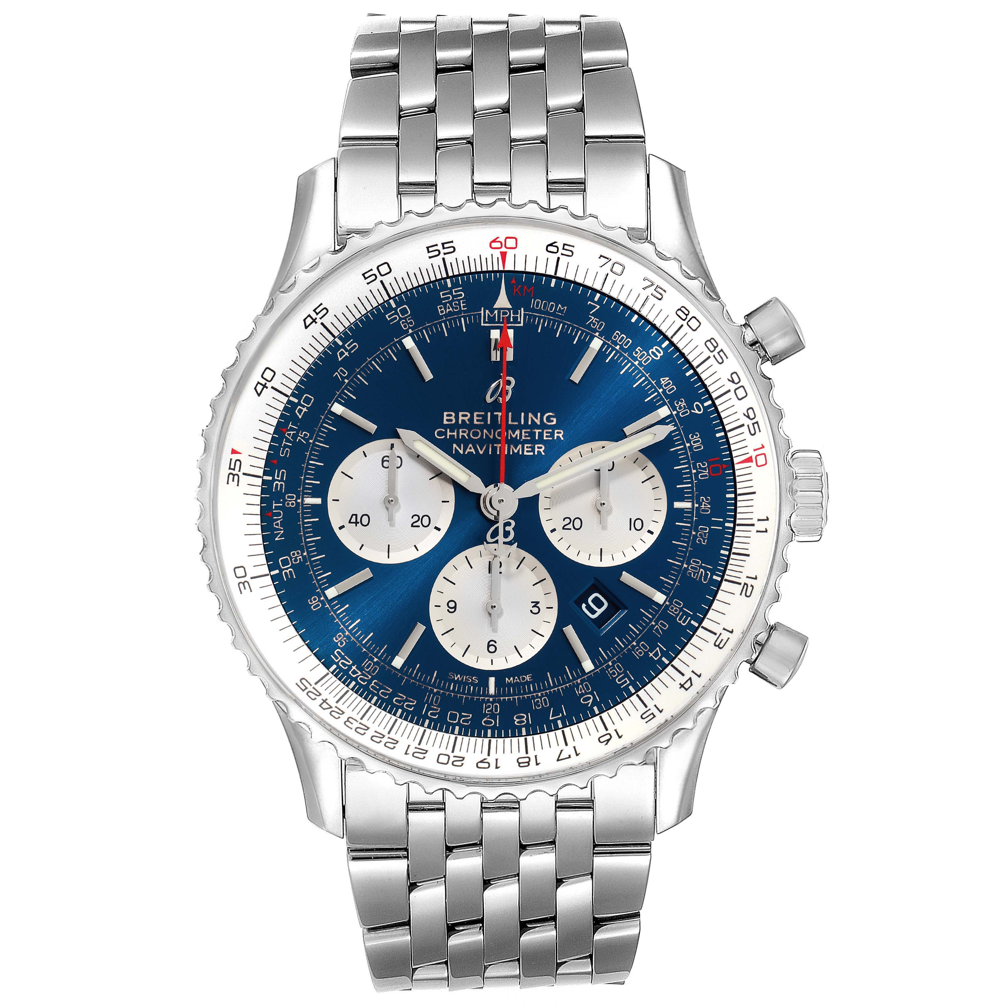 This image shows a front view of the Breitling Navitimer AB0127211C1A1 Men's Stainless Steel Blue Dial AB0127211C1A1 Men's Stainless Steel Blue Dial watch, focusing on the face, bezel, and metal bracelet.