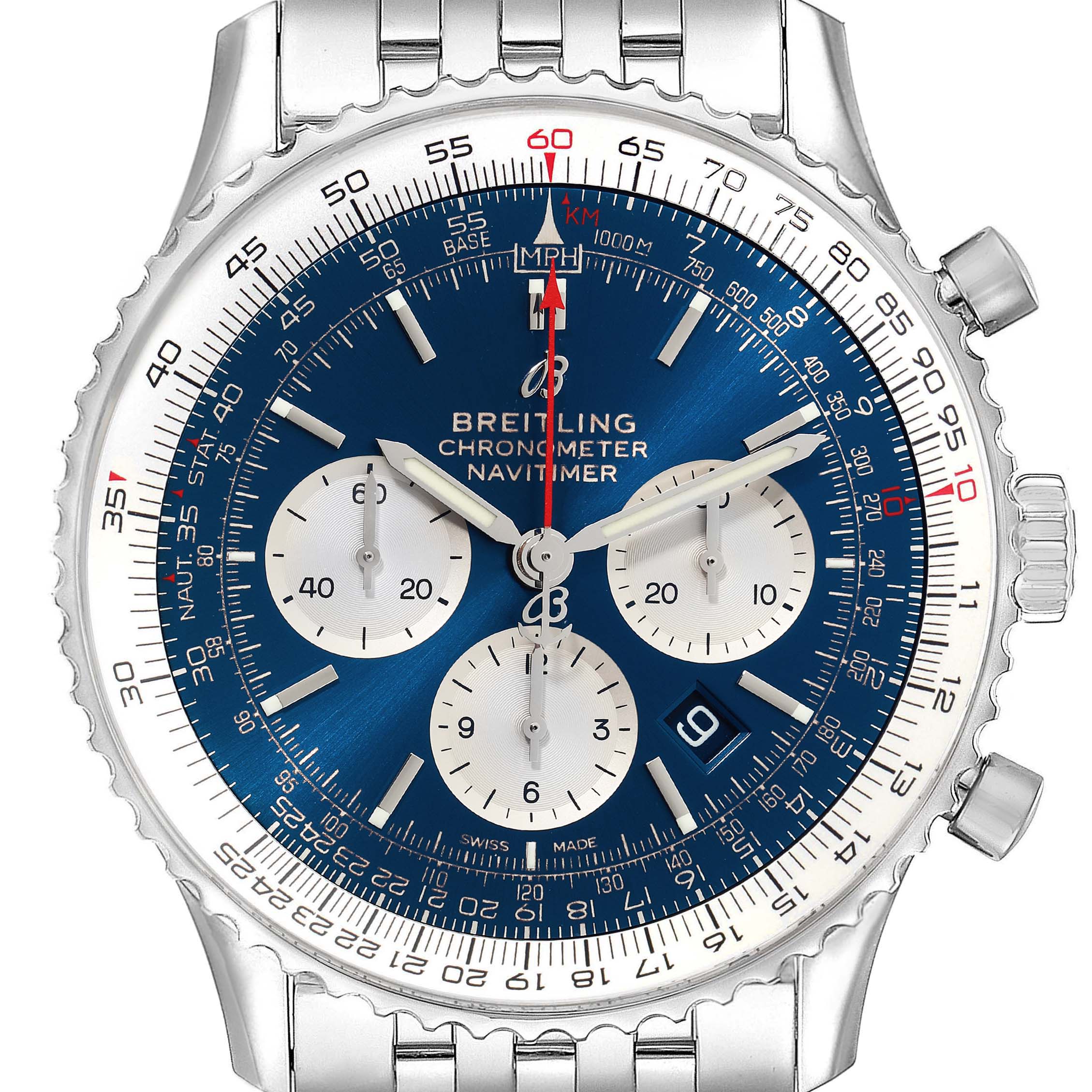 This image shows a front view of a Breitling Navitimer AB0127211C1A1 Men's Stainless Steel Blue Dial AB0127211C1A1 Men's Stainless Steel Blue Dial watch, highlighting its blue dial, chronograph subdials, and stainless steel bracelet.