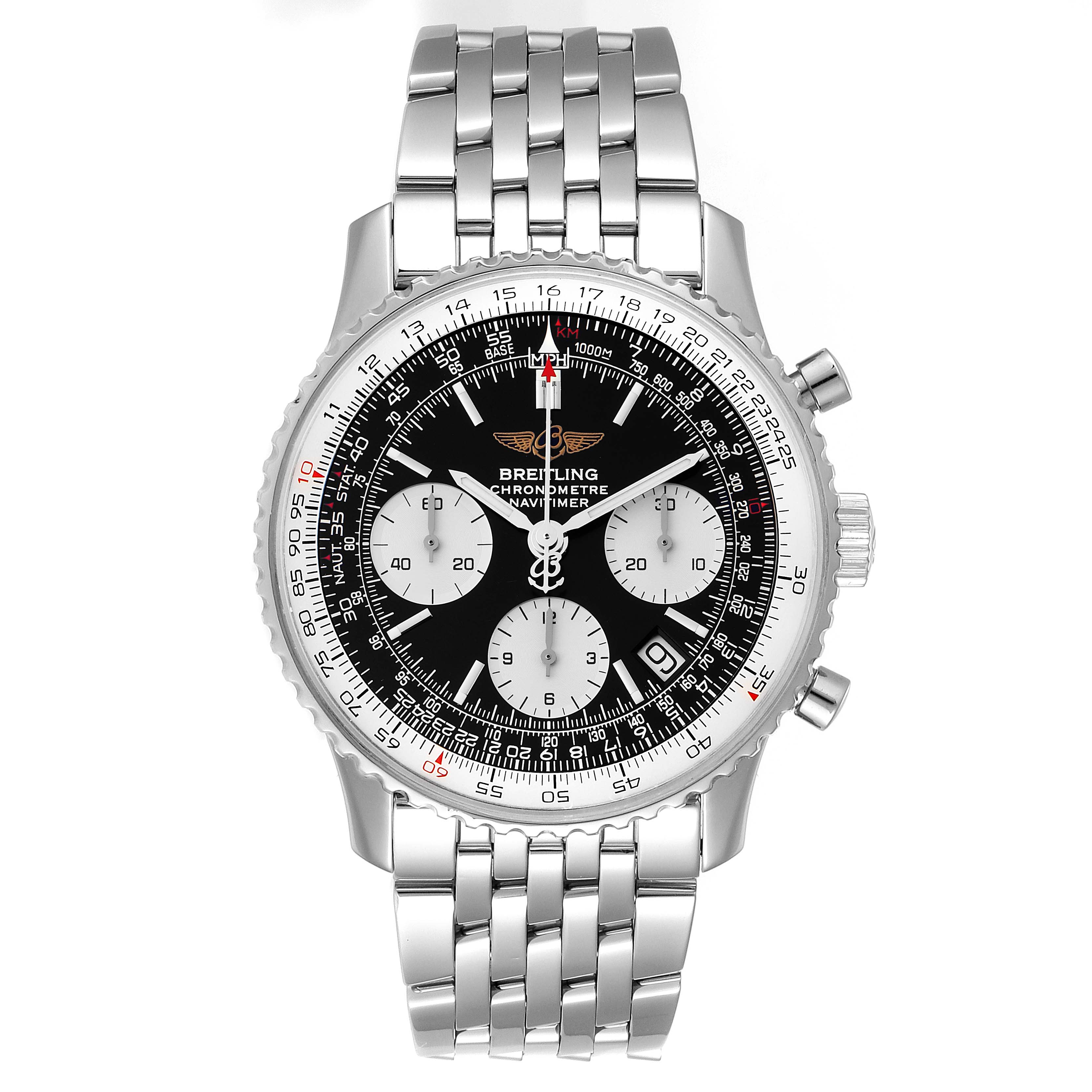 The image shows a front view of a Breitling Navitimer A23322 Men's Stainless Steel Black Dial A23322 Men's Stainless Steel Black Dial watch, highlighting its dial and stainless steel bracelet.