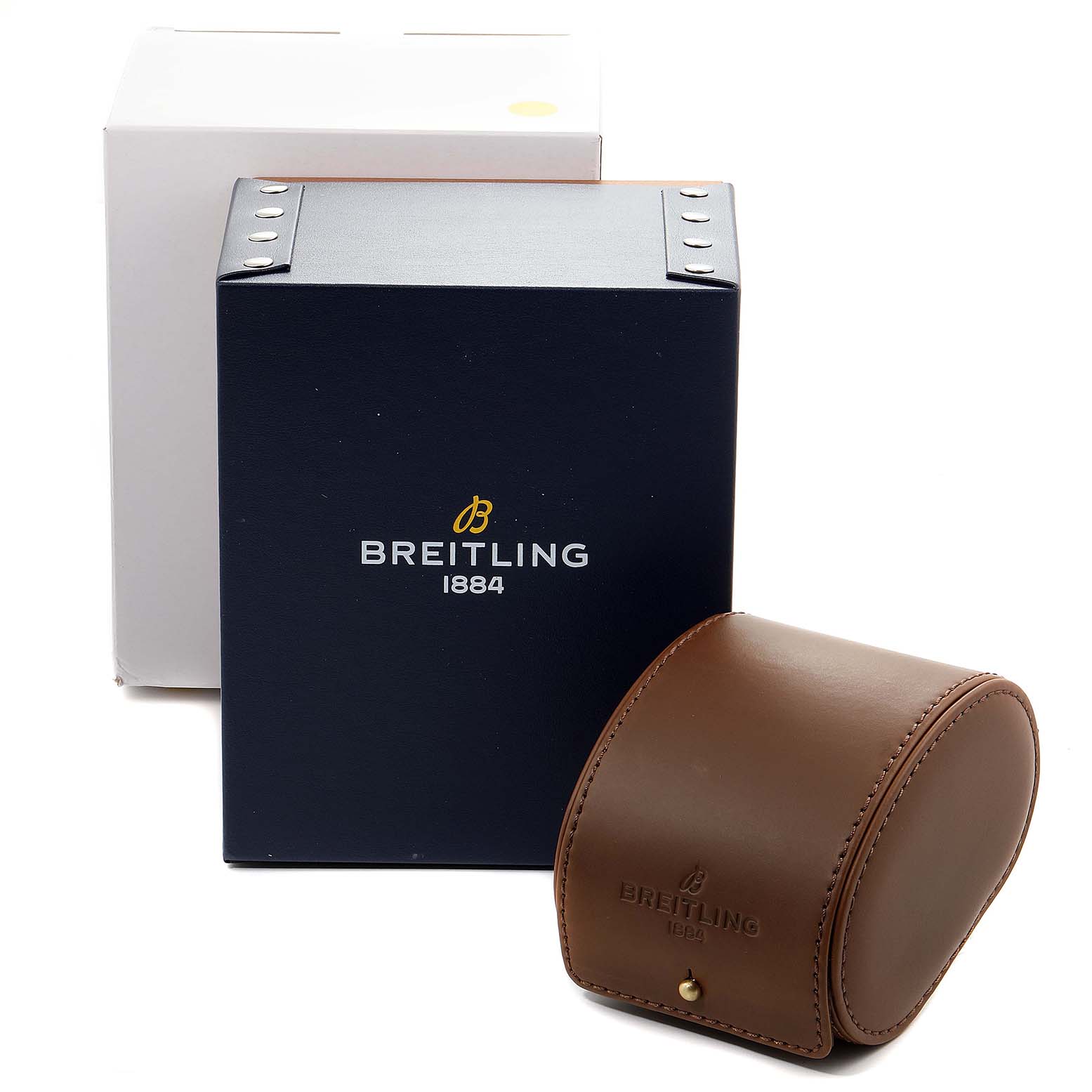 This image shows the packaging and leather case for a Breitling Navitimer A23322 Men's Stainless Steel Black Dial A23322 Men's Stainless Steel Black Dial watch, including a blue box and a brown leather travel case.
